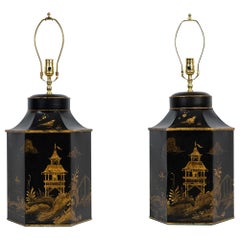Pair of English Regency Chinoiserie Style Black And Gold Hexagonal Table Lamps