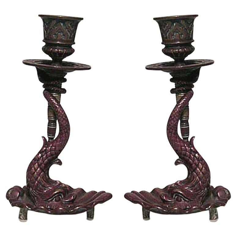 Pair of English Regency dolphin candlesticks For Sale