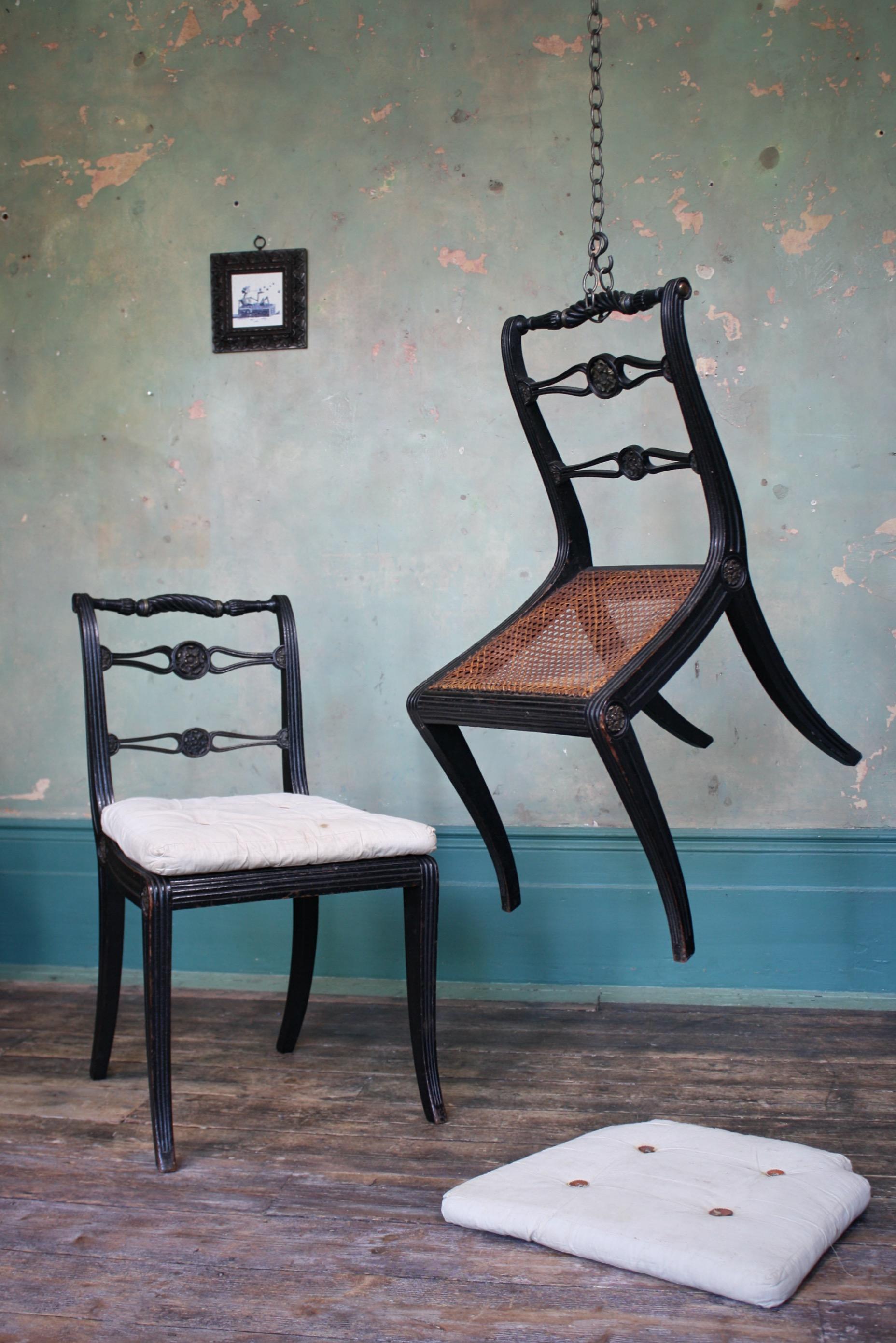 Pair of English Regency Ebonised Caned Klismos Side Chairs with Original Squabs 5