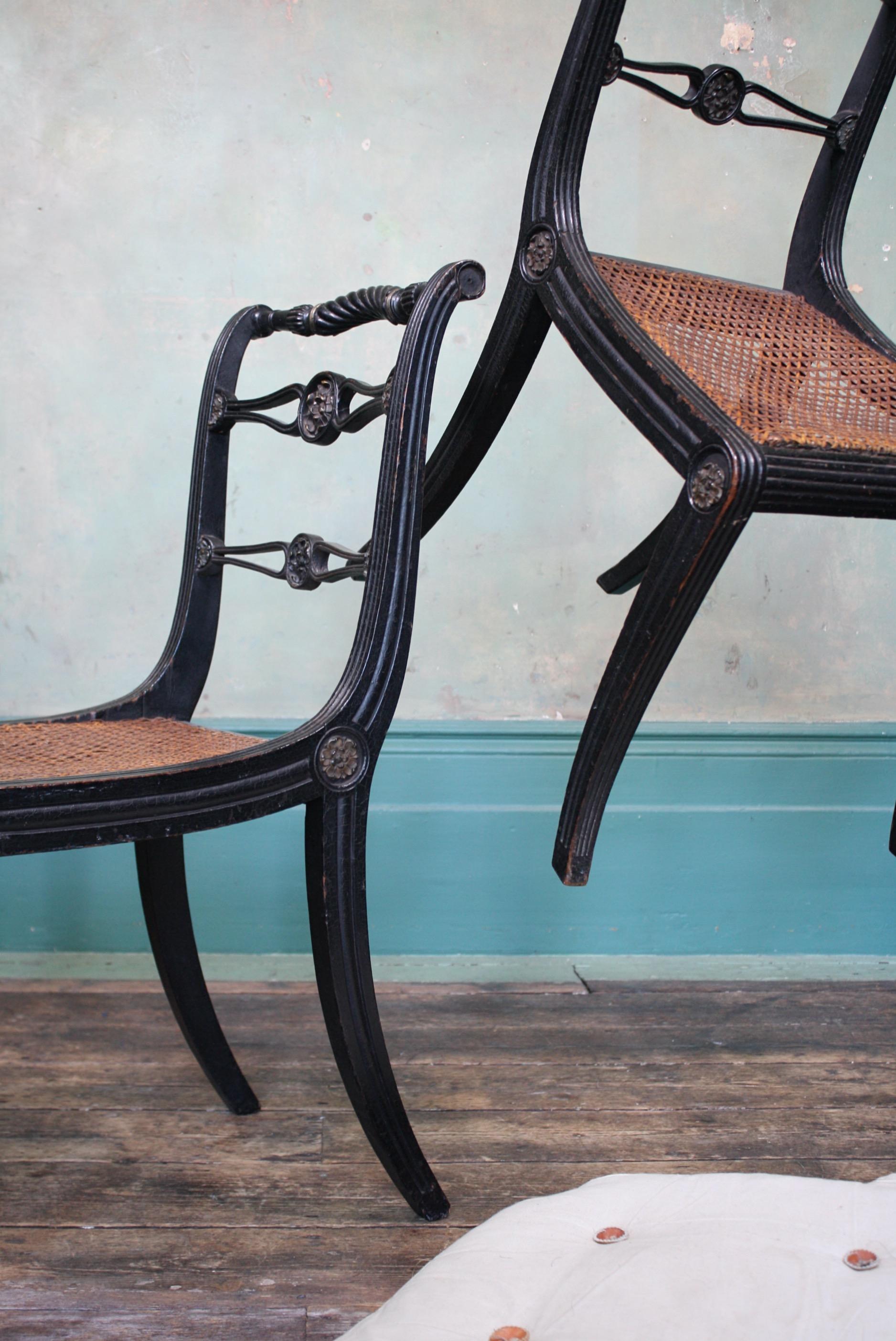 Pair of English Regency Ebonised Caned Klismos Side Chairs with Original Squabs 8