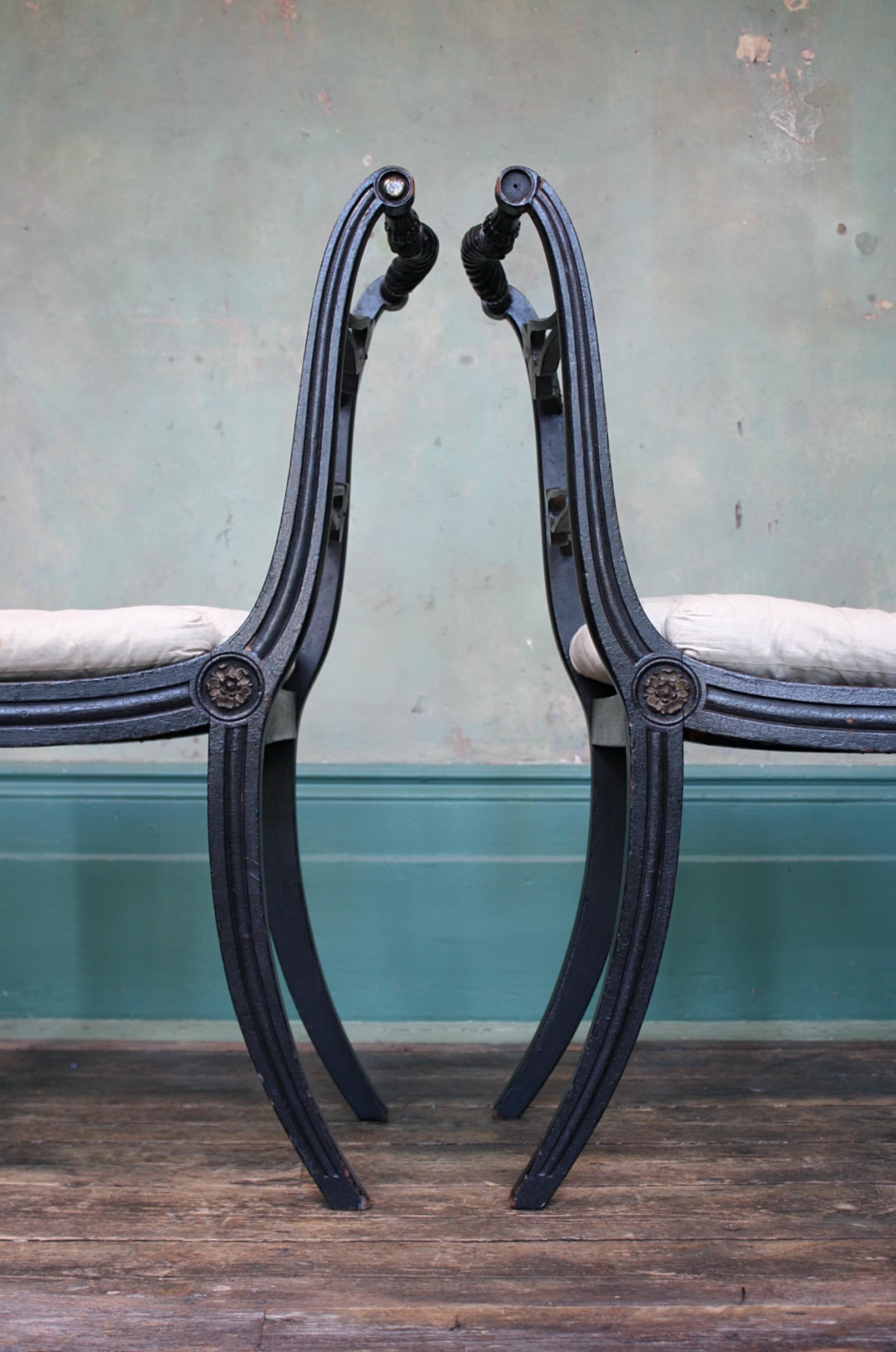 Pair of English Regency Ebonised Caned Klismos Side Chairs with Original Squabs 10