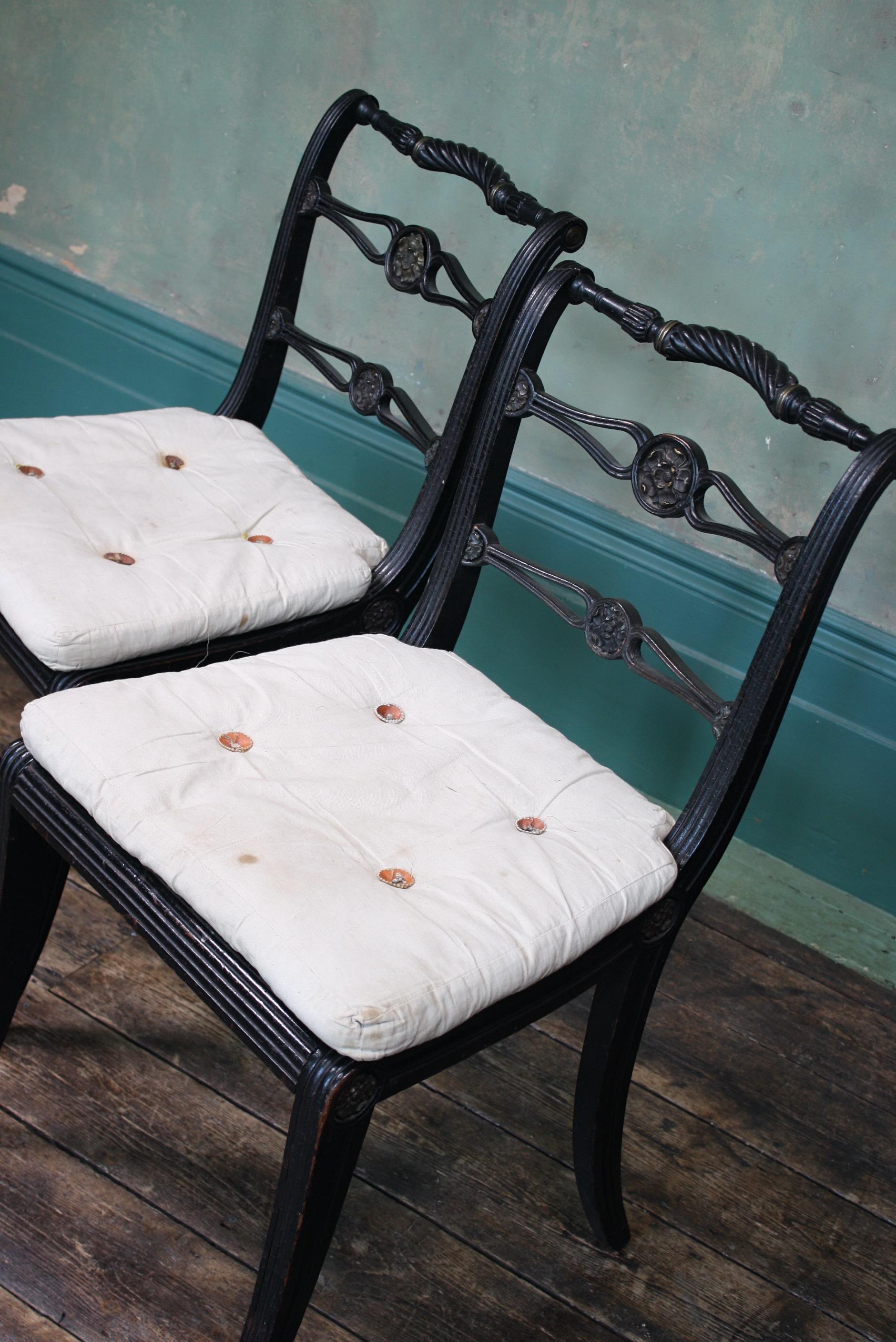 Pair of English Regency Ebonised Caned Klismos Side Chairs with Original Squabs 11