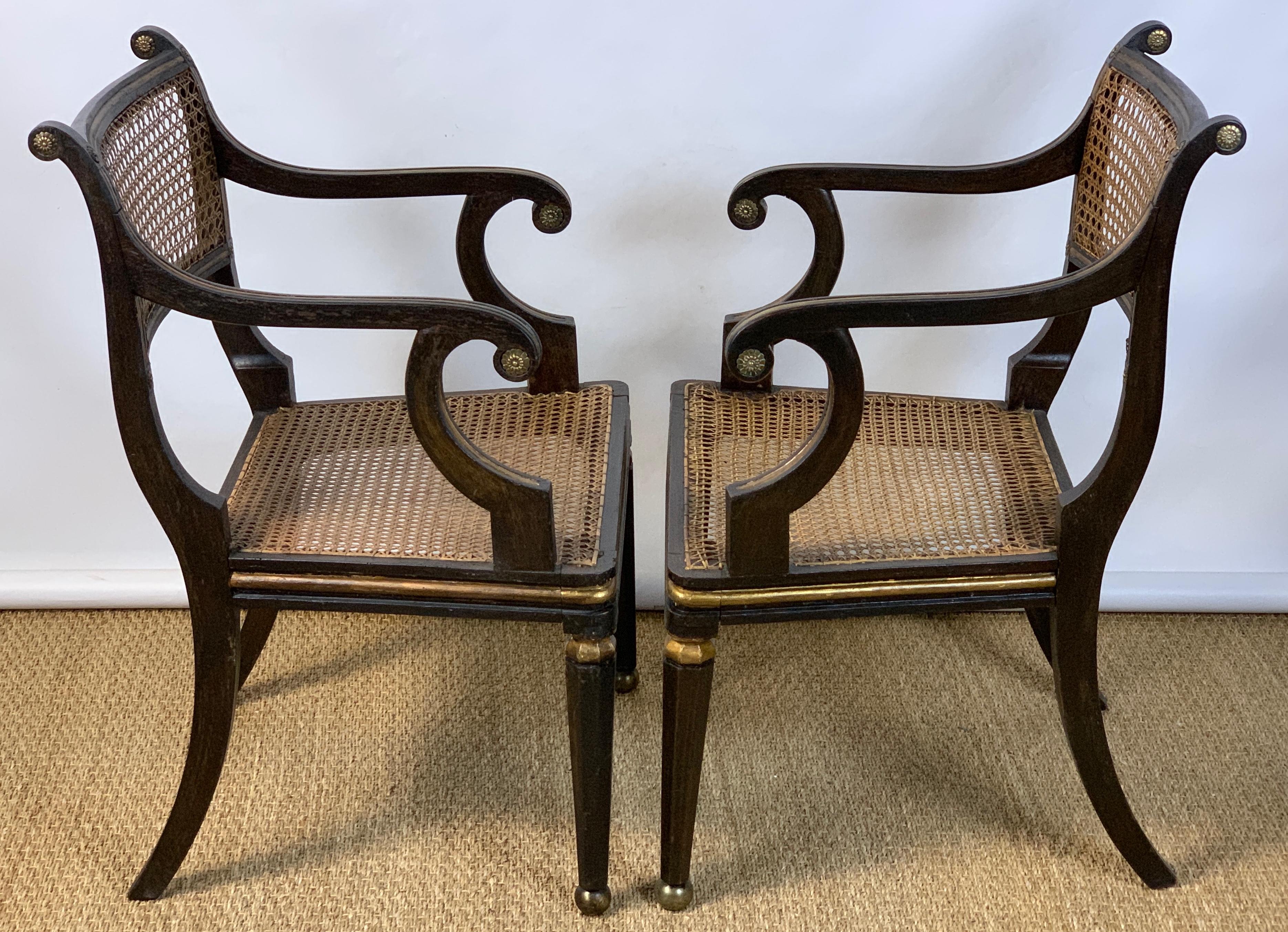 Pair of English Regency Ebonized and Gilded Armchairs In Good Condition In Kilmarnock, VA