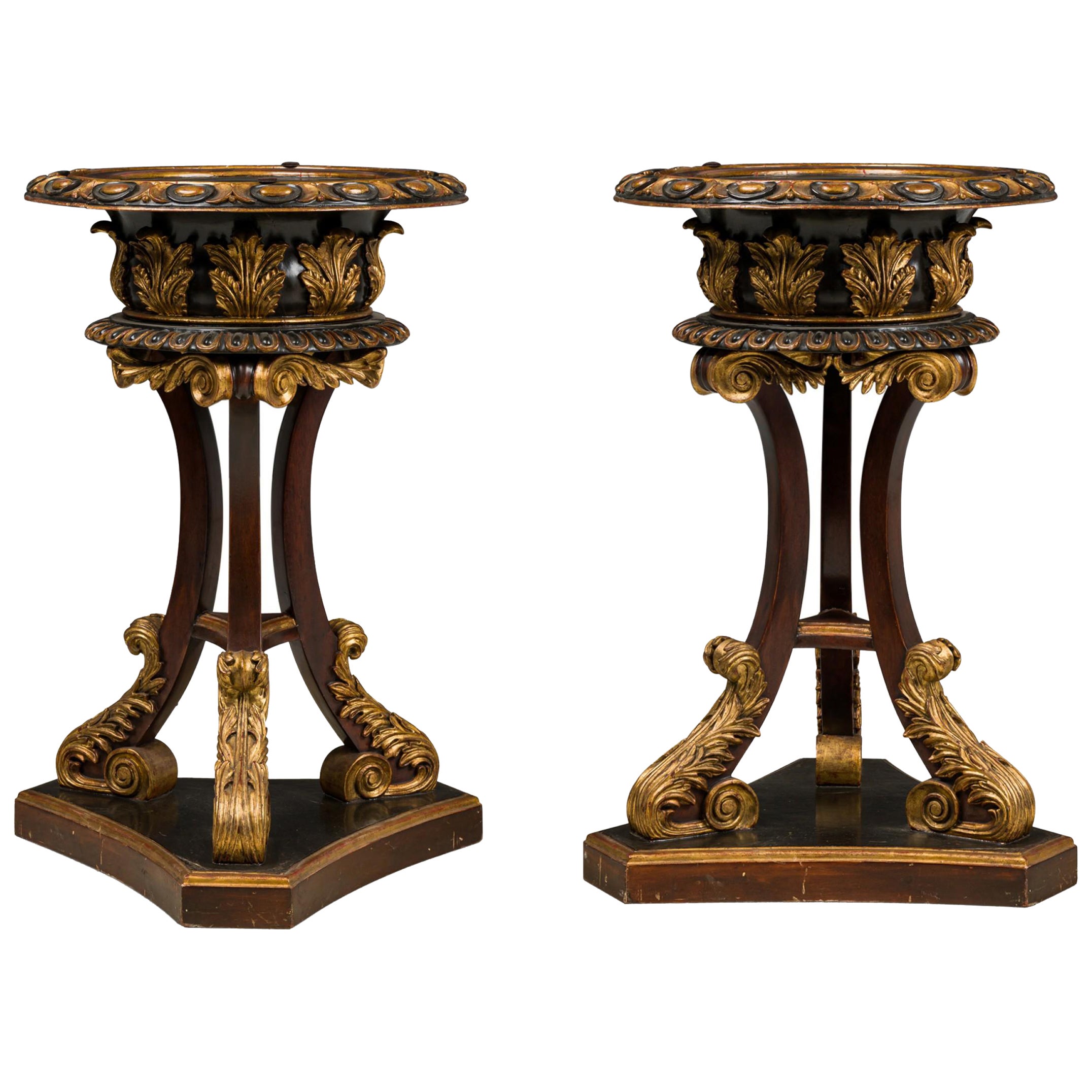 Pair of English Regency Ebony and Gilt 3 Leg Fernery
