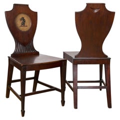 Antique Pair of English Regency Era Painted Mahogany Hall Chairs
