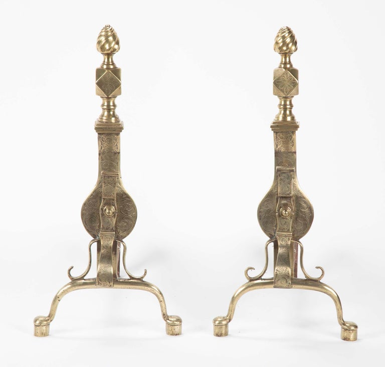 Pair of English Regency Etched Brass Andirons For Sale at 1stDibs