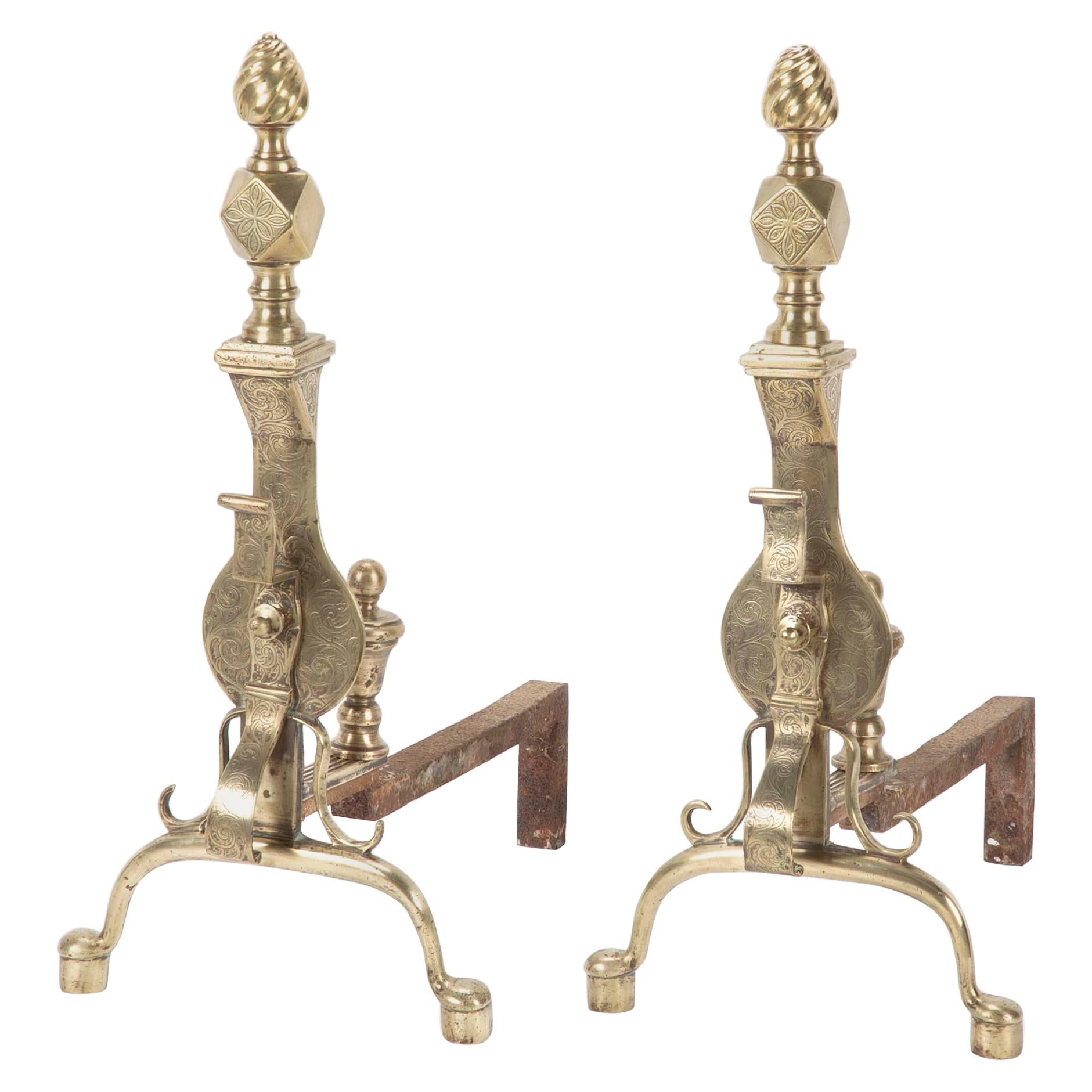 Pair of English Regency Etched Brass Andirons For Sale
