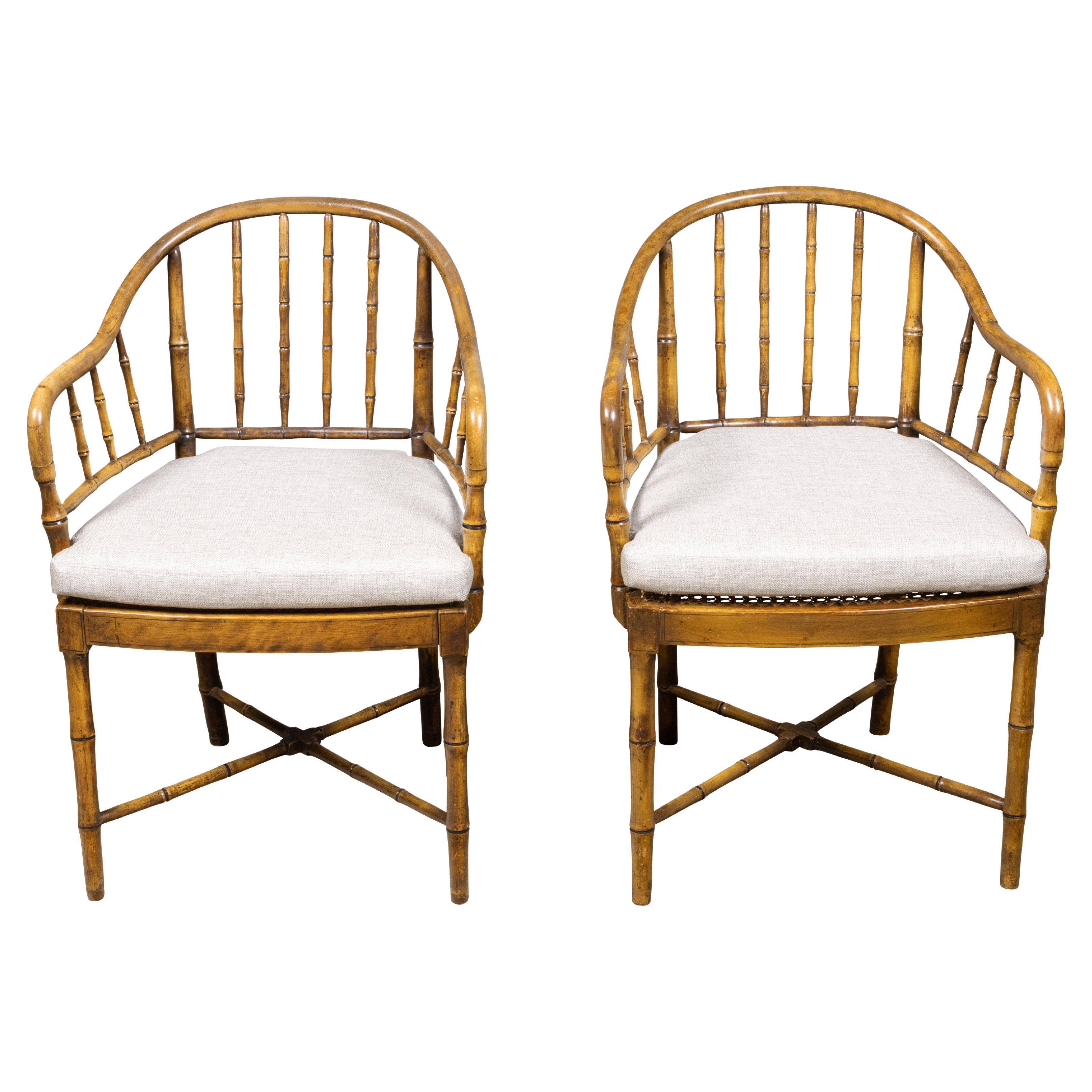 Pair of English Regency Faux Bamboo Armchairs with Cane Seats and Cushions