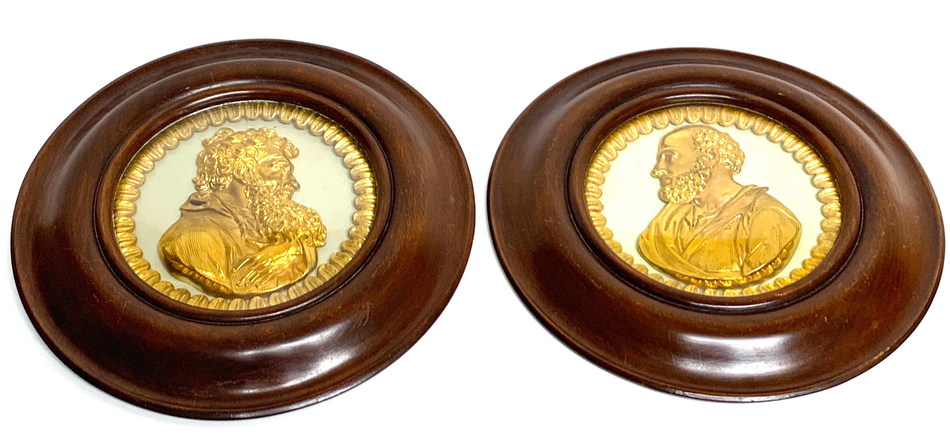 Pair of English Regency framed ormolu portrait plaques of St. Paul & Socrates
Exceptional quality and casting, beautifully framed with convex glass.
Each plaque is mounted in a circular hardwood frame with a gadrooned border and convex glass, The