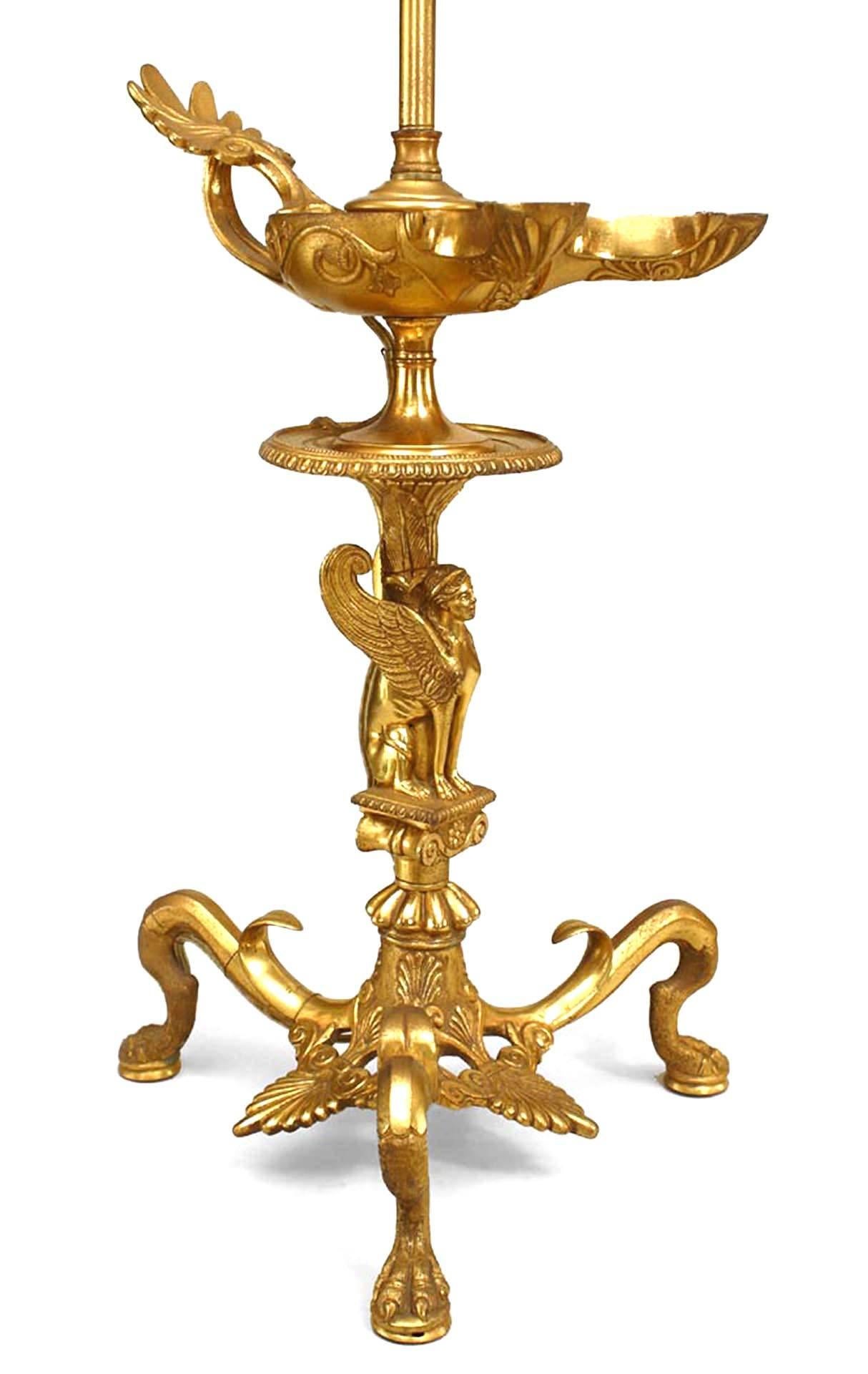 Pair of English Regency Gilt Bronze Sphinx Table Lamps In Good Condition For Sale In New York, NY