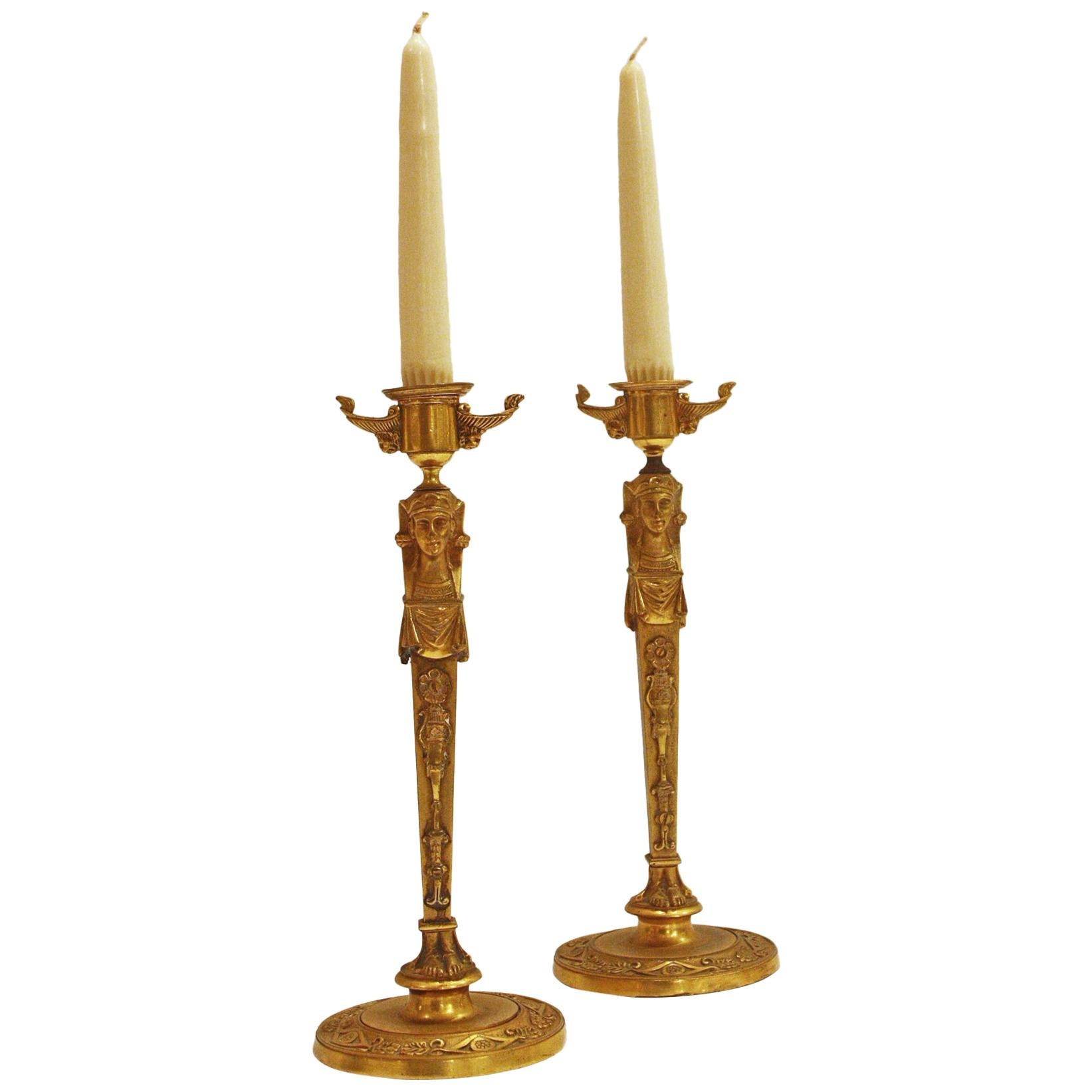 Pair of English Regency Gilt Bronze Candlesticks