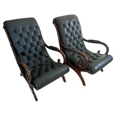 Pair of English Regency Lolling Chairs in Tufted Gray Leather