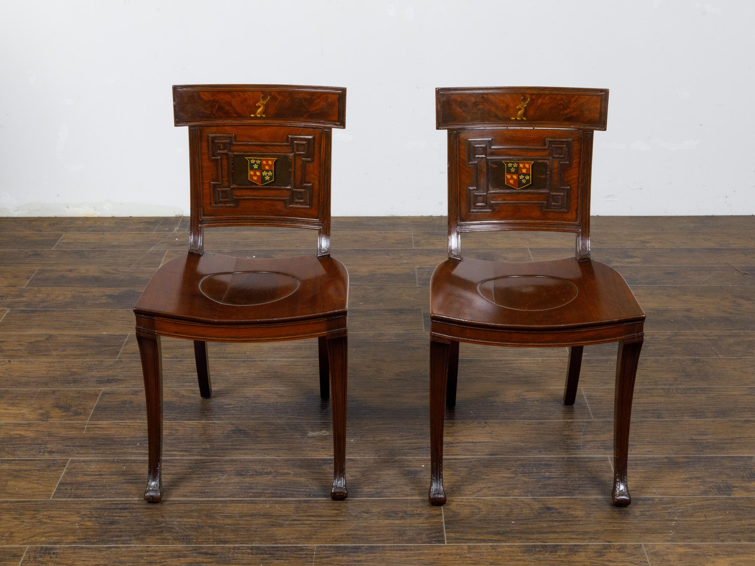 Pair of English Regency Mahogany Hall Chairs with Painted Coat of Arms For Sale 8