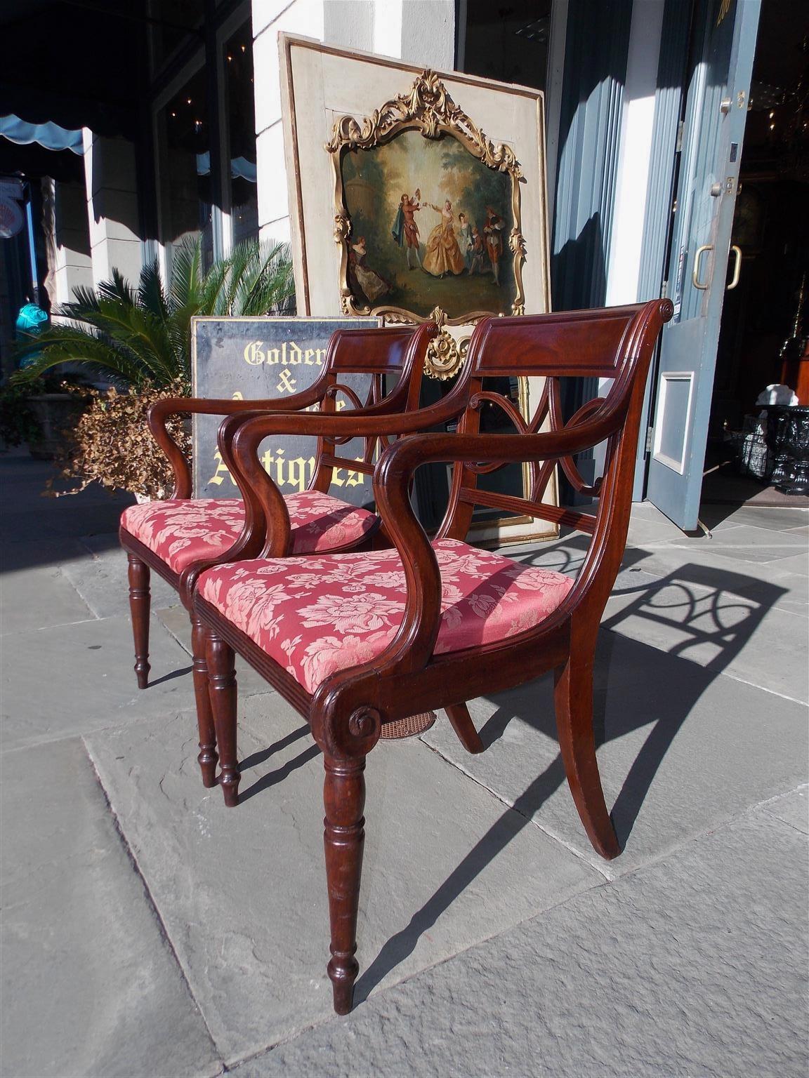 Early 19th Century Pair of English Regency Mahogany Reeded and Upholstered Armchairs, Circa 1815 For Sale