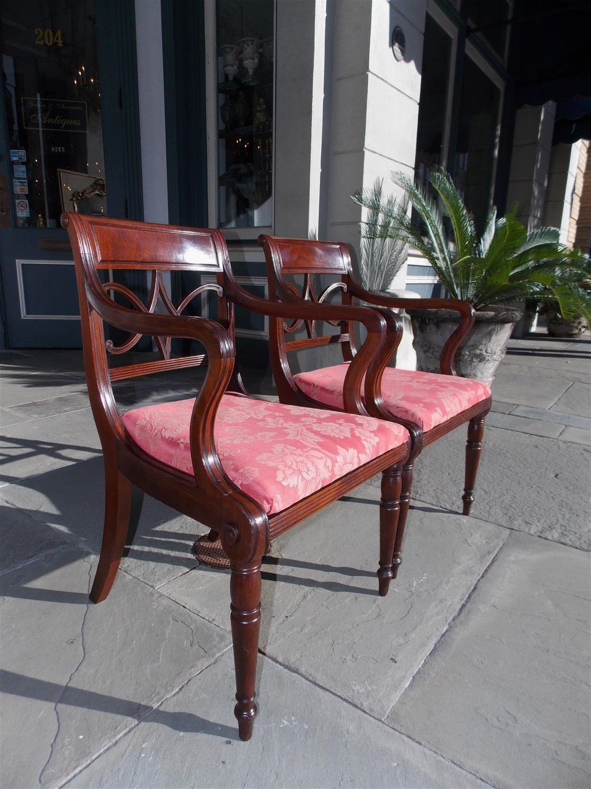 Upholstery Pair of English Regency Mahogany Reeded and Upholstered Armchairs, Circa 1815 For Sale