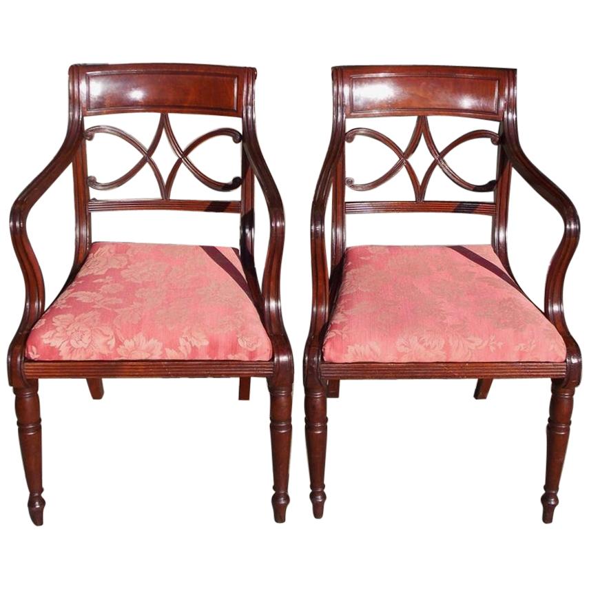Pair of English Regency Mahogany Reeded and Upholstered Armchairs, Circa 1815