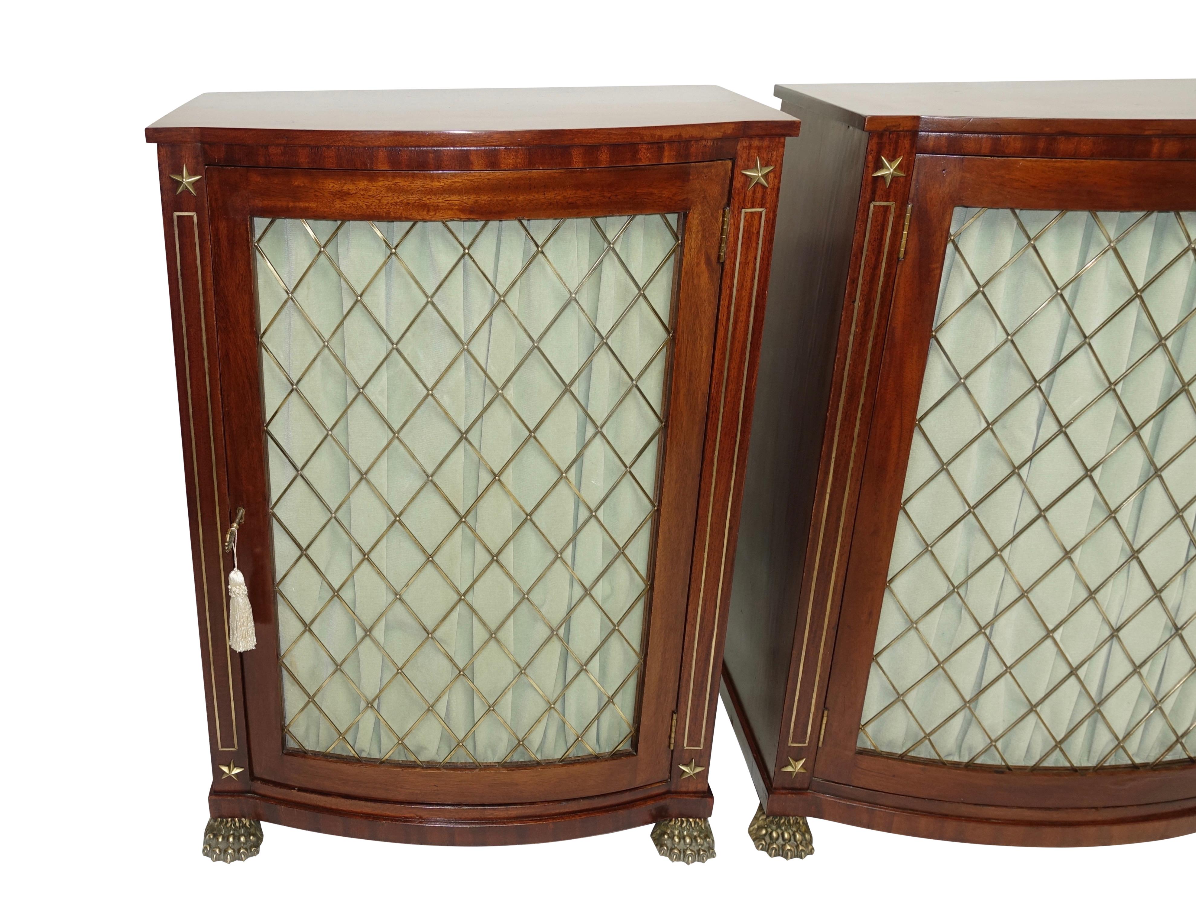 19th Century Pair of English Regency Mahogany Side Cabinets with Brass Mounts, circa 1820
