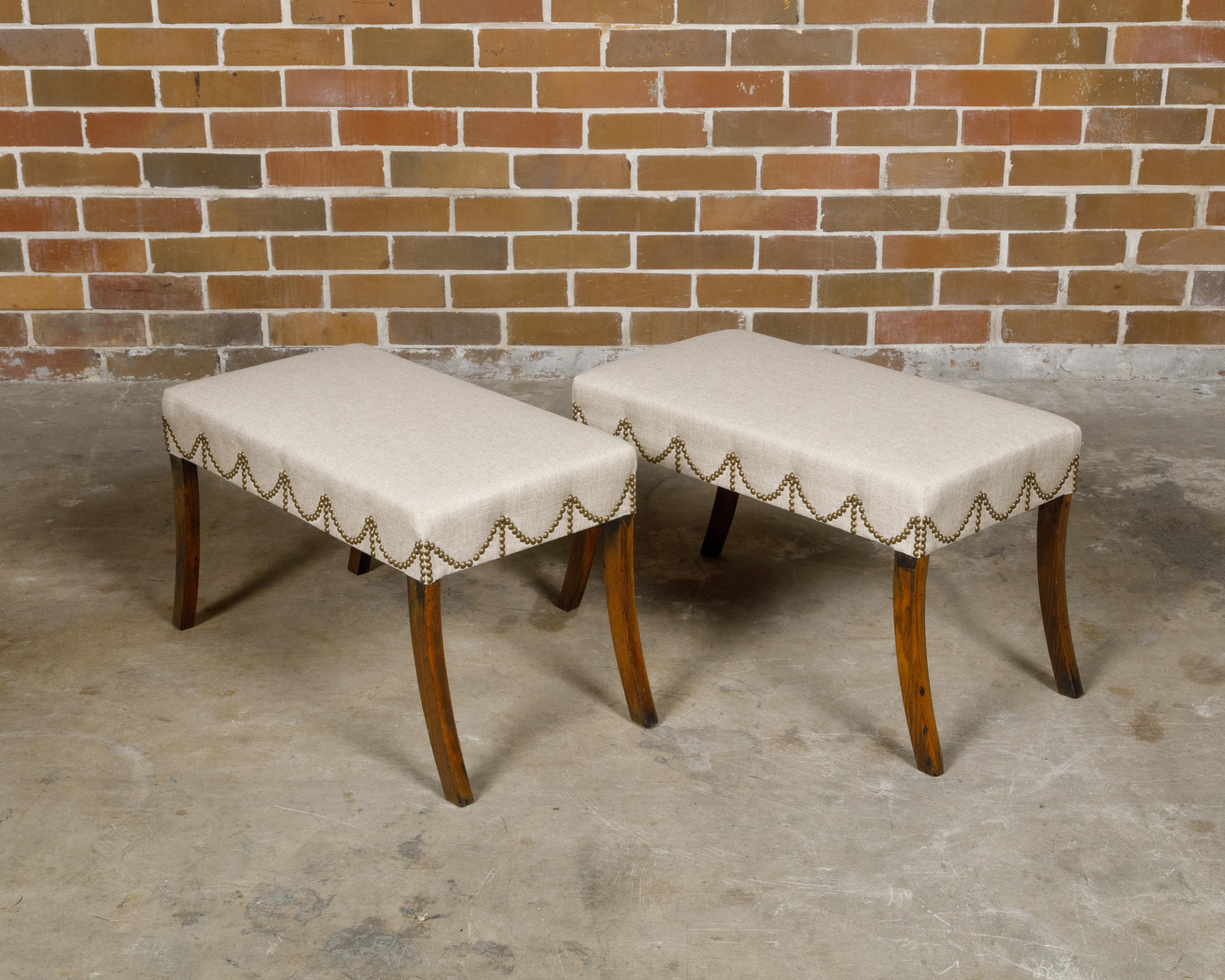 Pair of English Regency Mahogany Stools with Saber Legs and Custom Upholstery For Sale 6