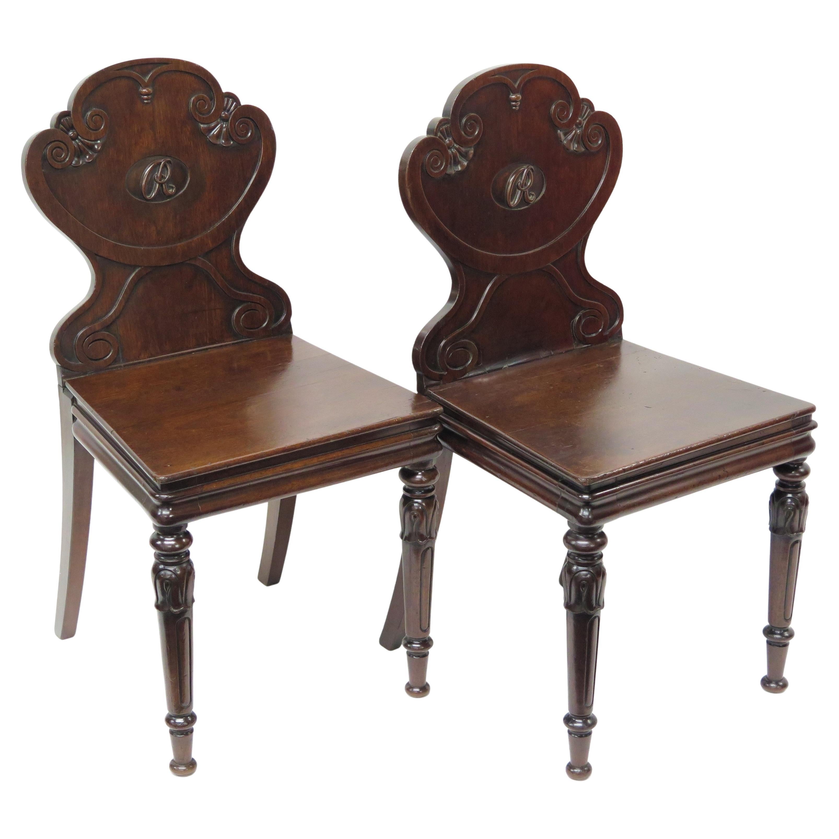 Pair of English Regency Monogrammed "R" Hall Chairs