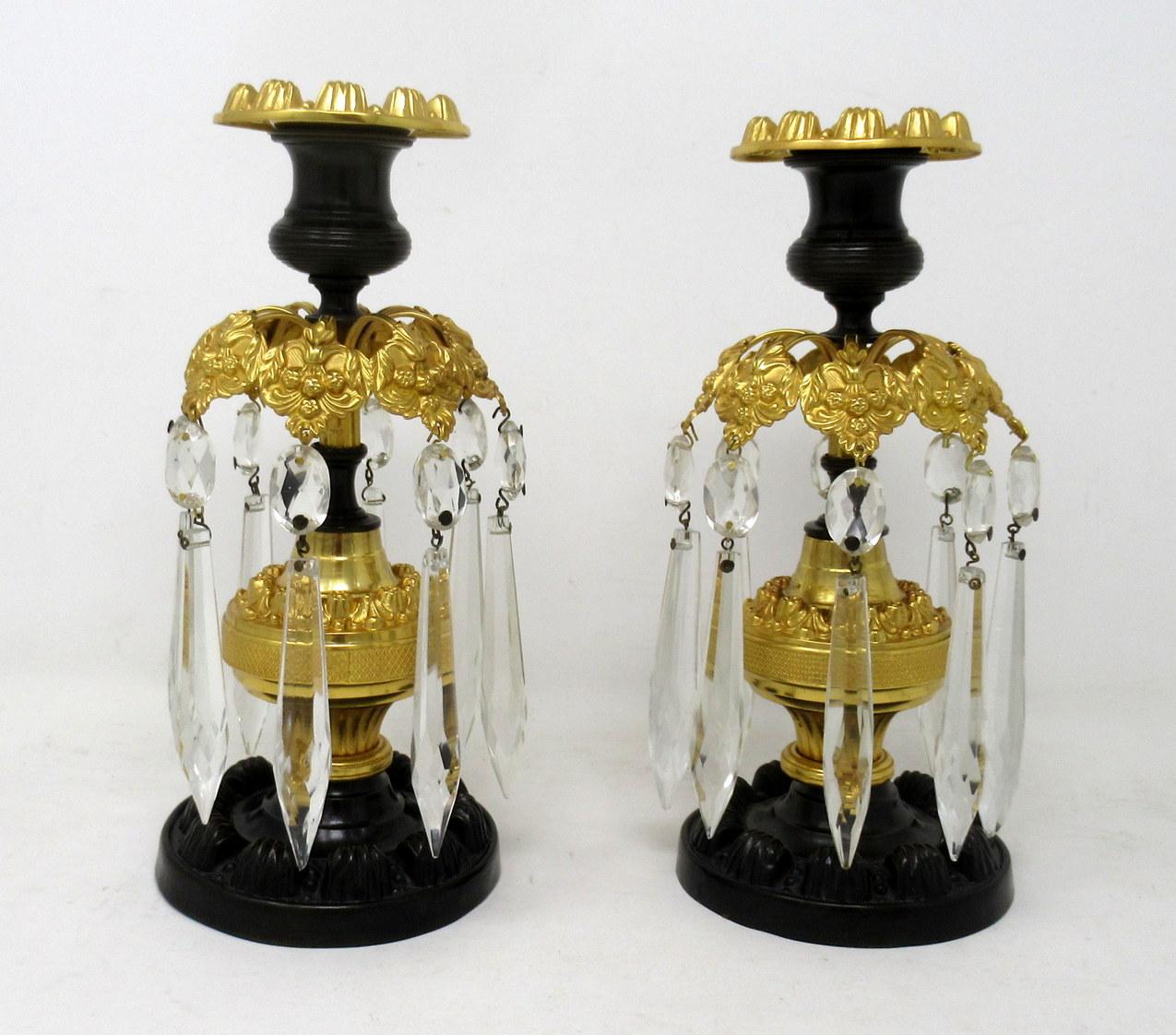 Cast Pair of English Regency Ormolu Bronze Lusters Candlesticks Candelabra 19 Century