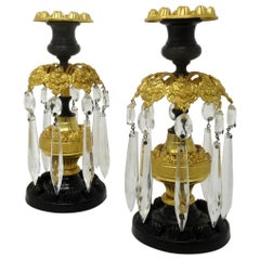 Antique Pair of English Regency Ormolu Bronze Lusters Candlesticks Candelabra 19 Century