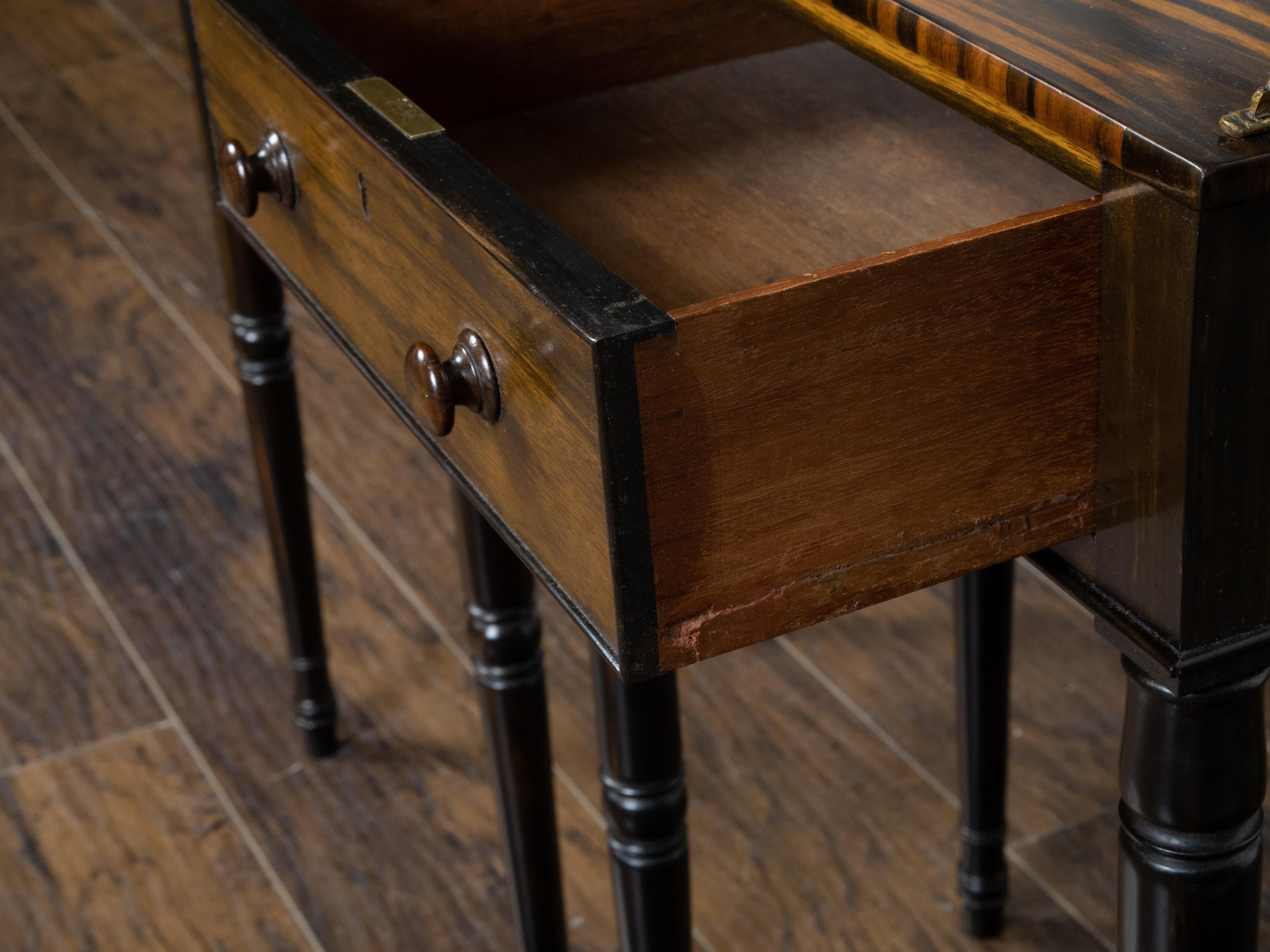 Pair of English Regency Period 19th Century Zebra Wood Tables with Brass Gallery For Sale 7