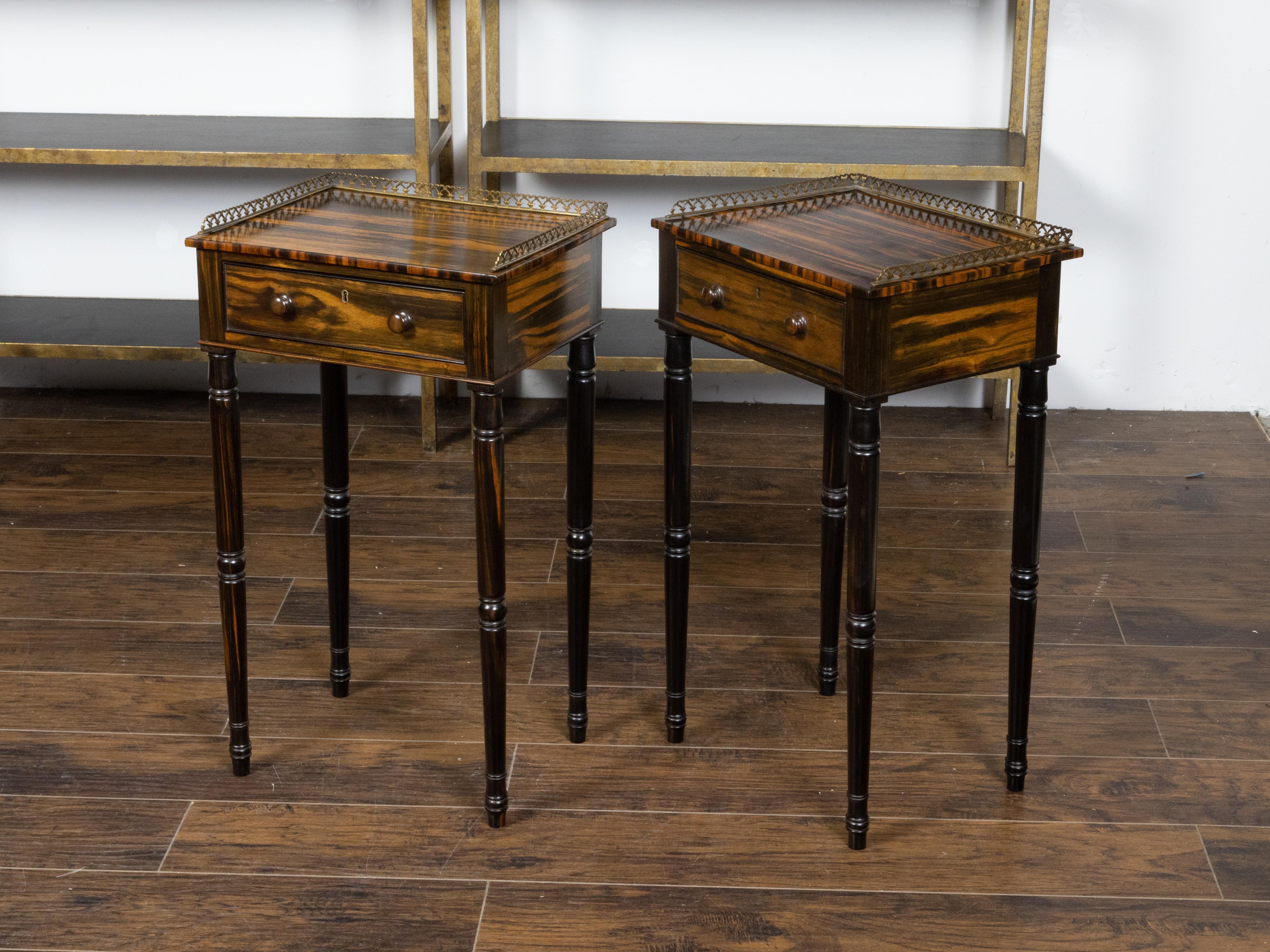 Turned Pair of English Regency Period 19th Century Zebra Wood Tables with Brass Gallery For Sale