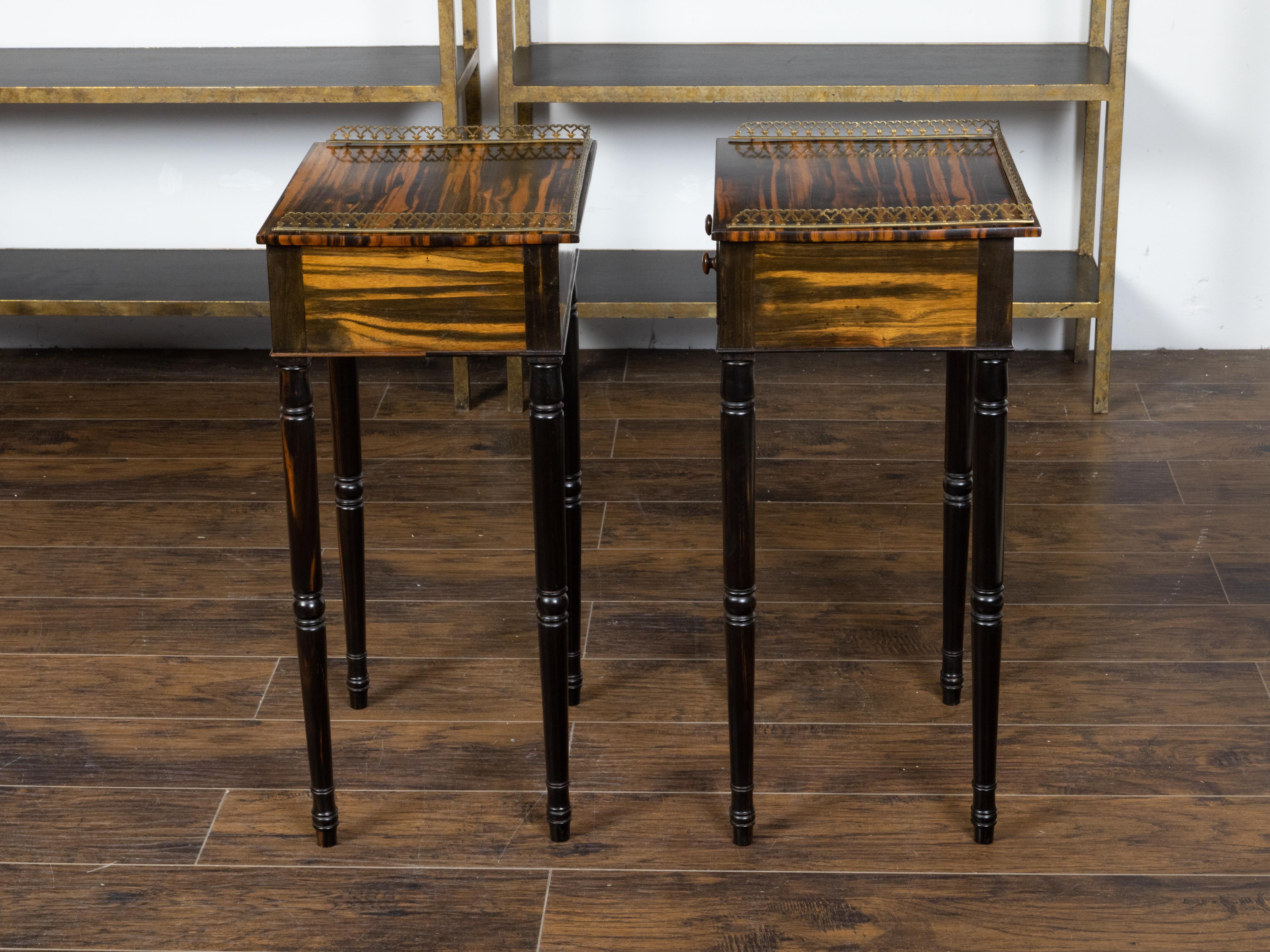 Pair of English Regency Period 19th Century Zebra Wood Tables with Brass Gallery In Good Condition For Sale In Atlanta, GA