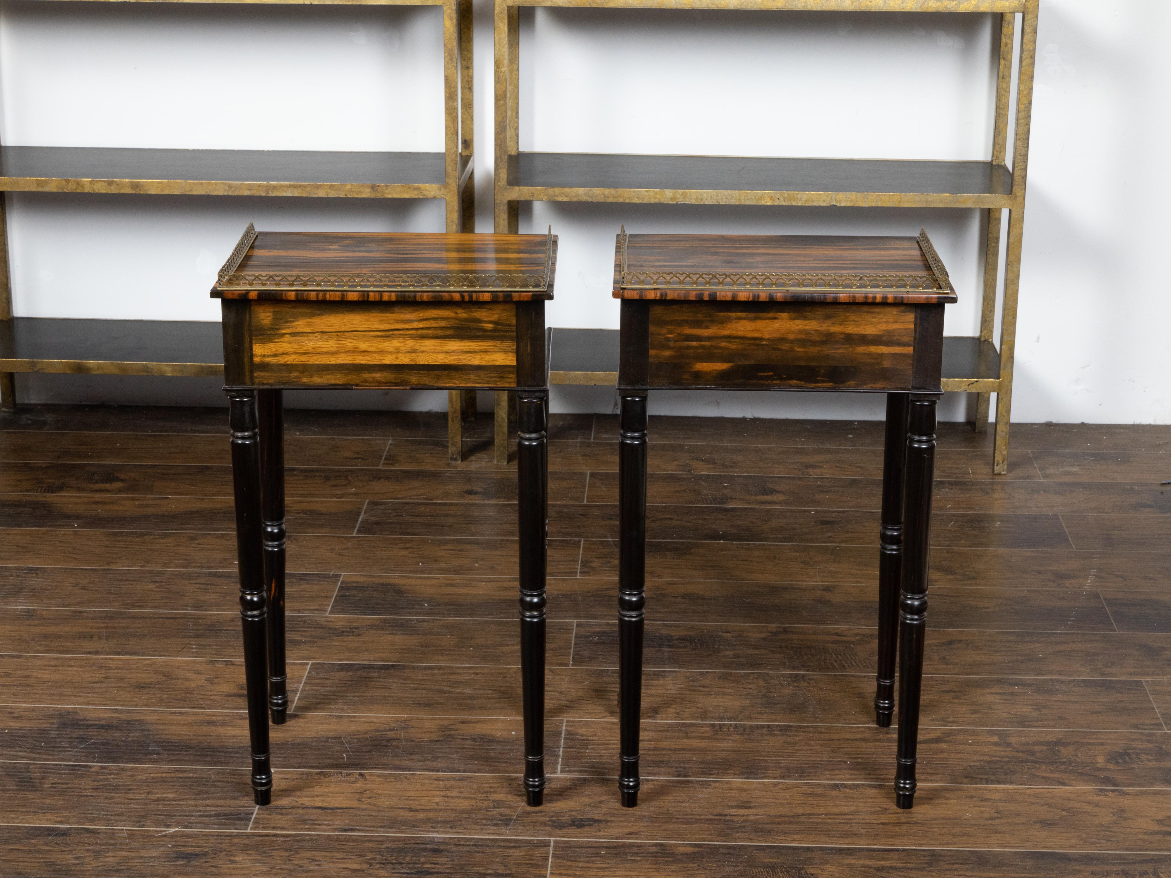 Pair of English Regency Period 19th Century Zebra Wood Tables with Brass Gallery For Sale 1