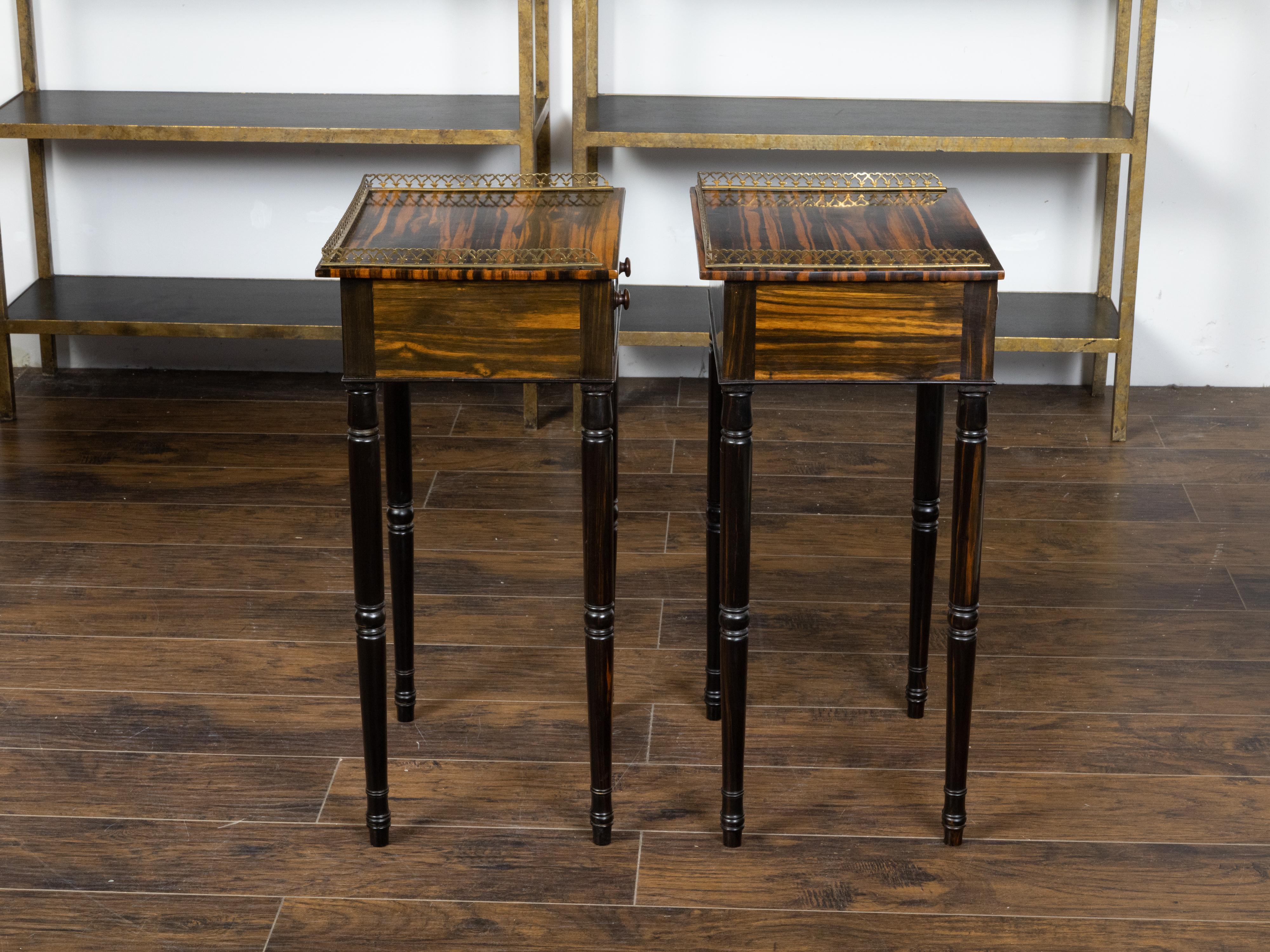 Pair of English Regency Period 19th Century Zebra Wood Tables with Brass Gallery For Sale 2