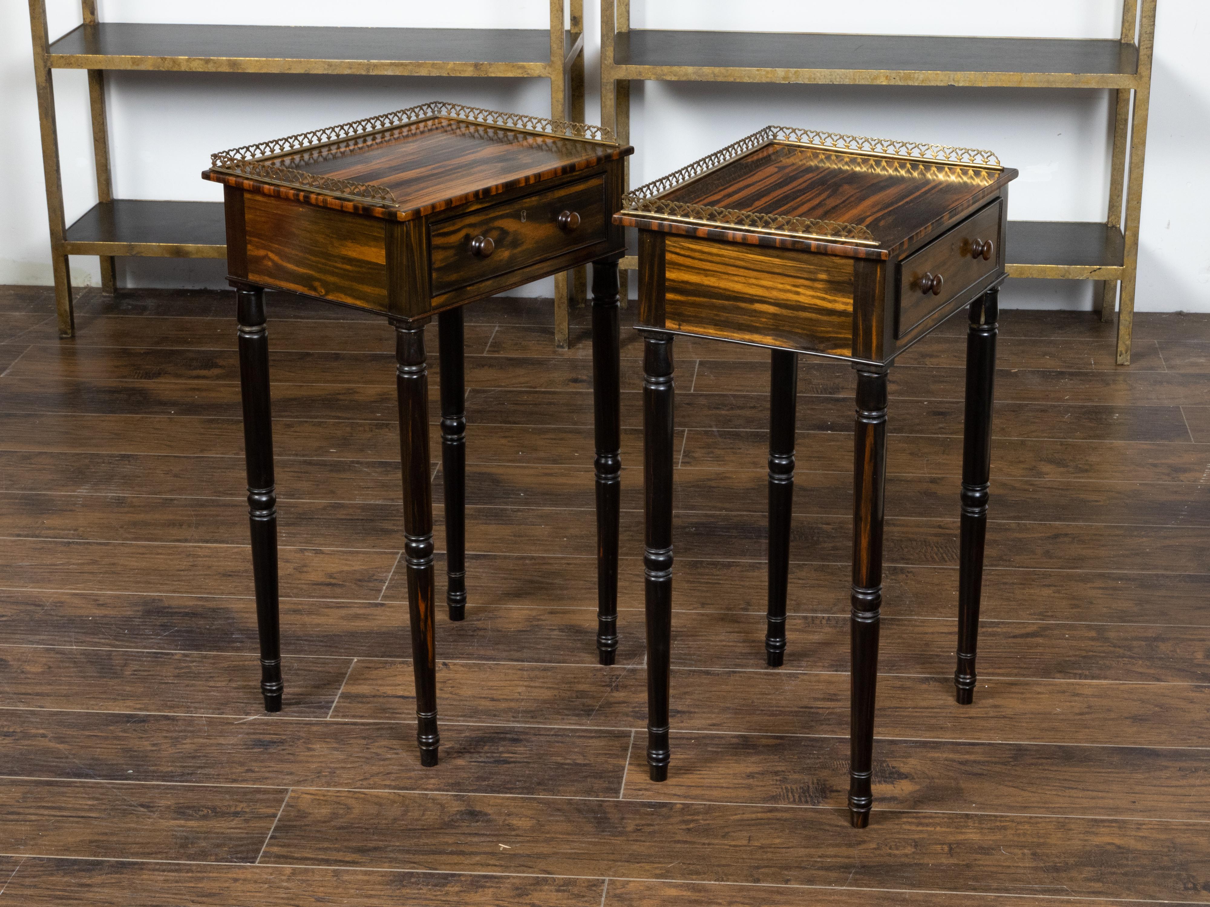 Pair of English Regency Period 19th Century Zebra Wood Tables with Brass Gallery For Sale 3