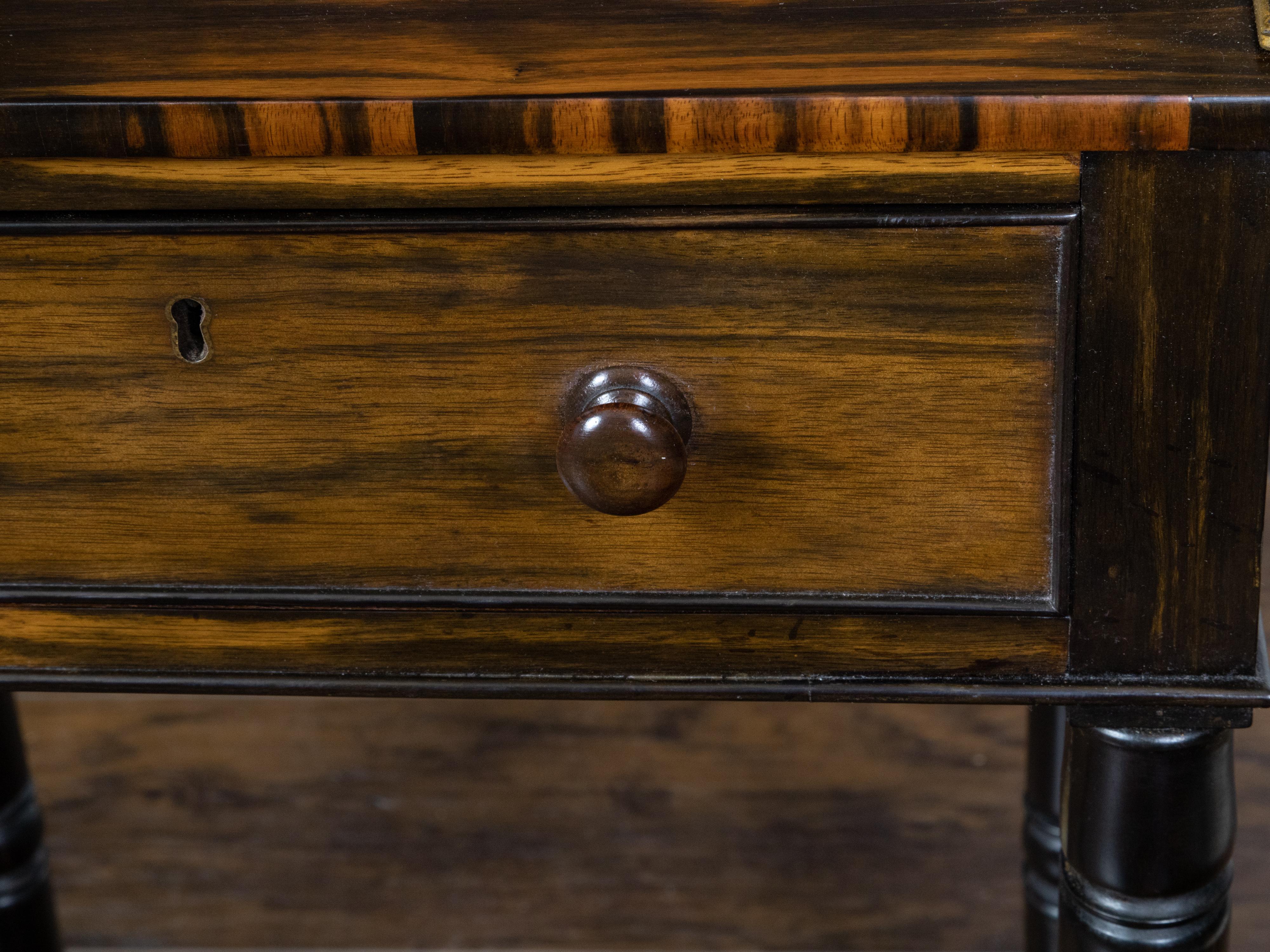 Pair of English Regency Period 19th Century Zebra Wood Tables with Brass Gallery For Sale 4