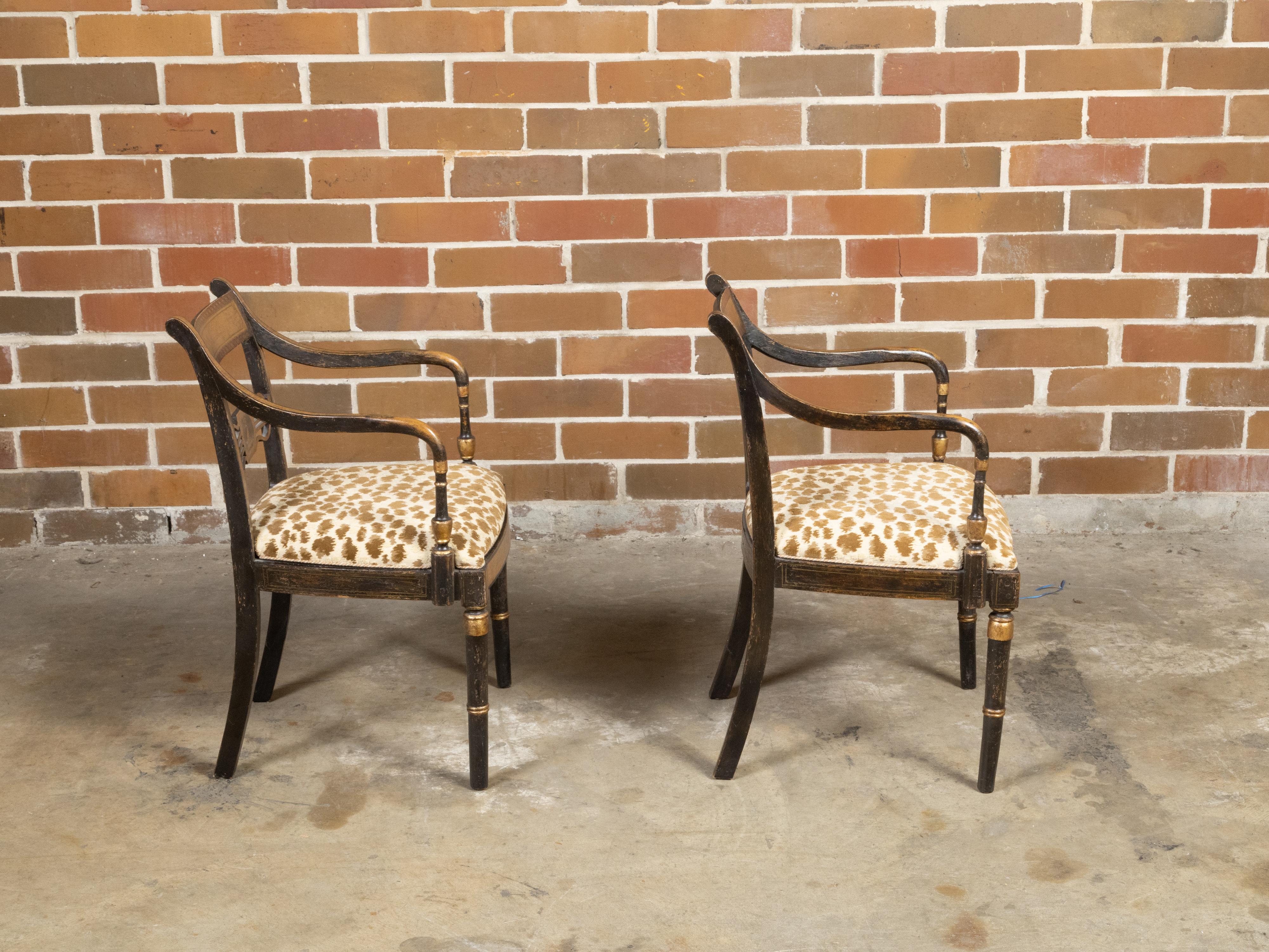 Painted Pair of English Regency Period Early 19th Century Black and Gold Armchairs For Sale
