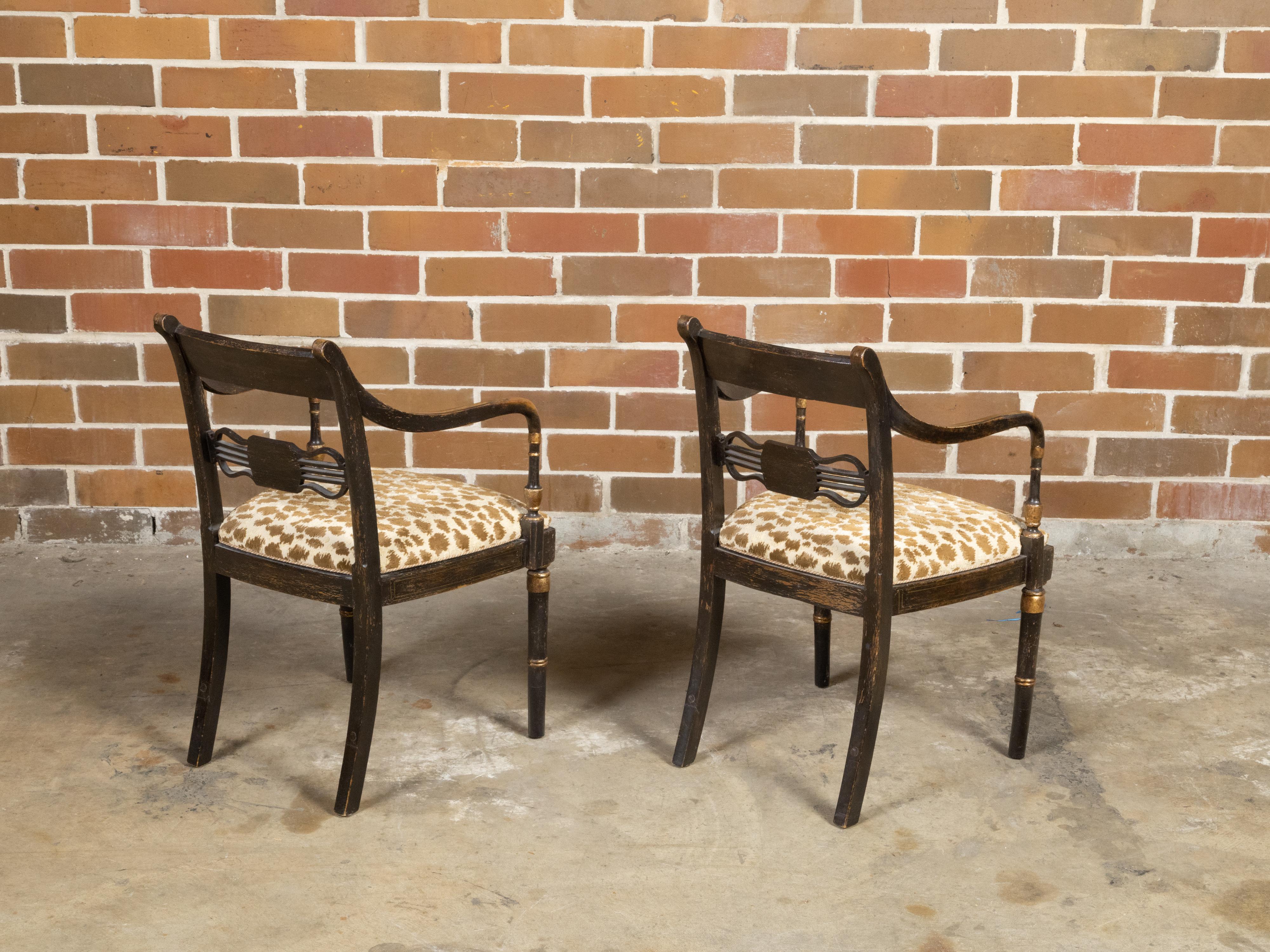 Pair of English Regency Period Early 19th Century Black and Gold Armchairs For Sale 1