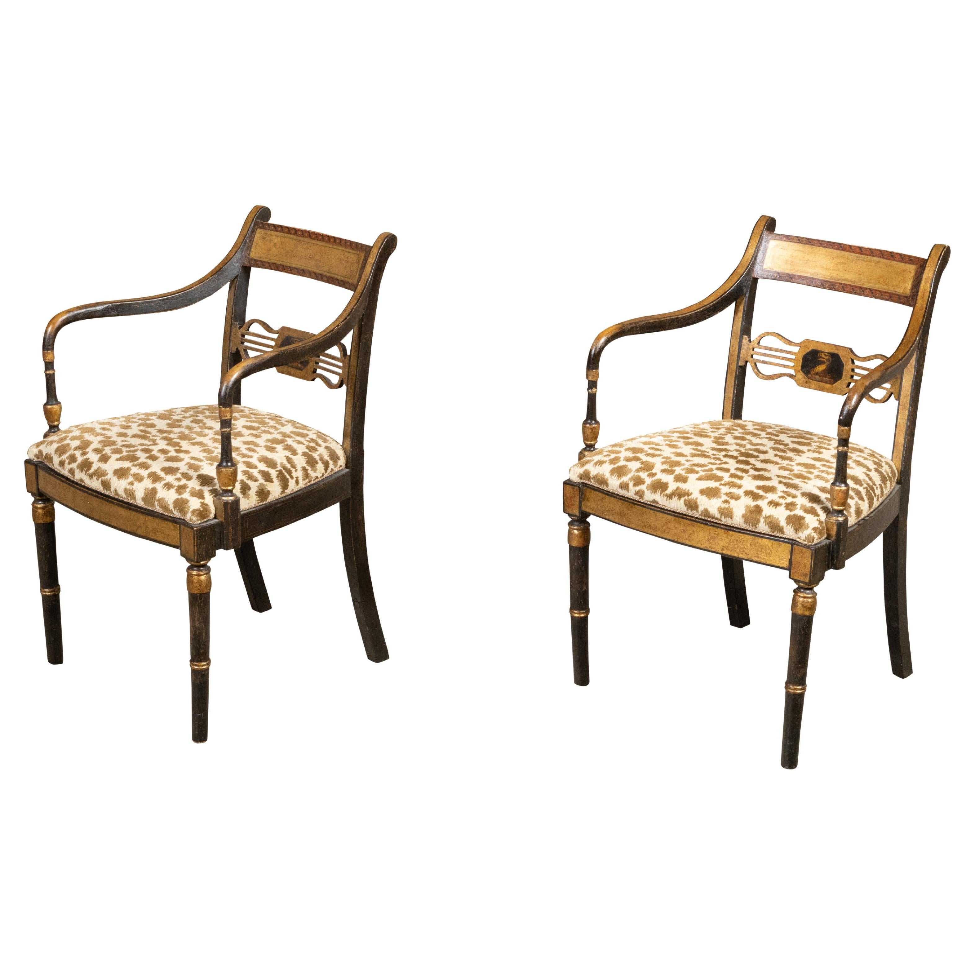 Pair of English Regency Period Early 19th Century Black and Gold Armchairs For Sale