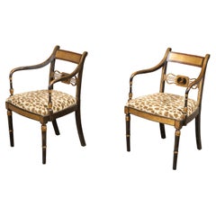Antique Pair of English Regency Period Early 19th Century Black and Gold Armchairs