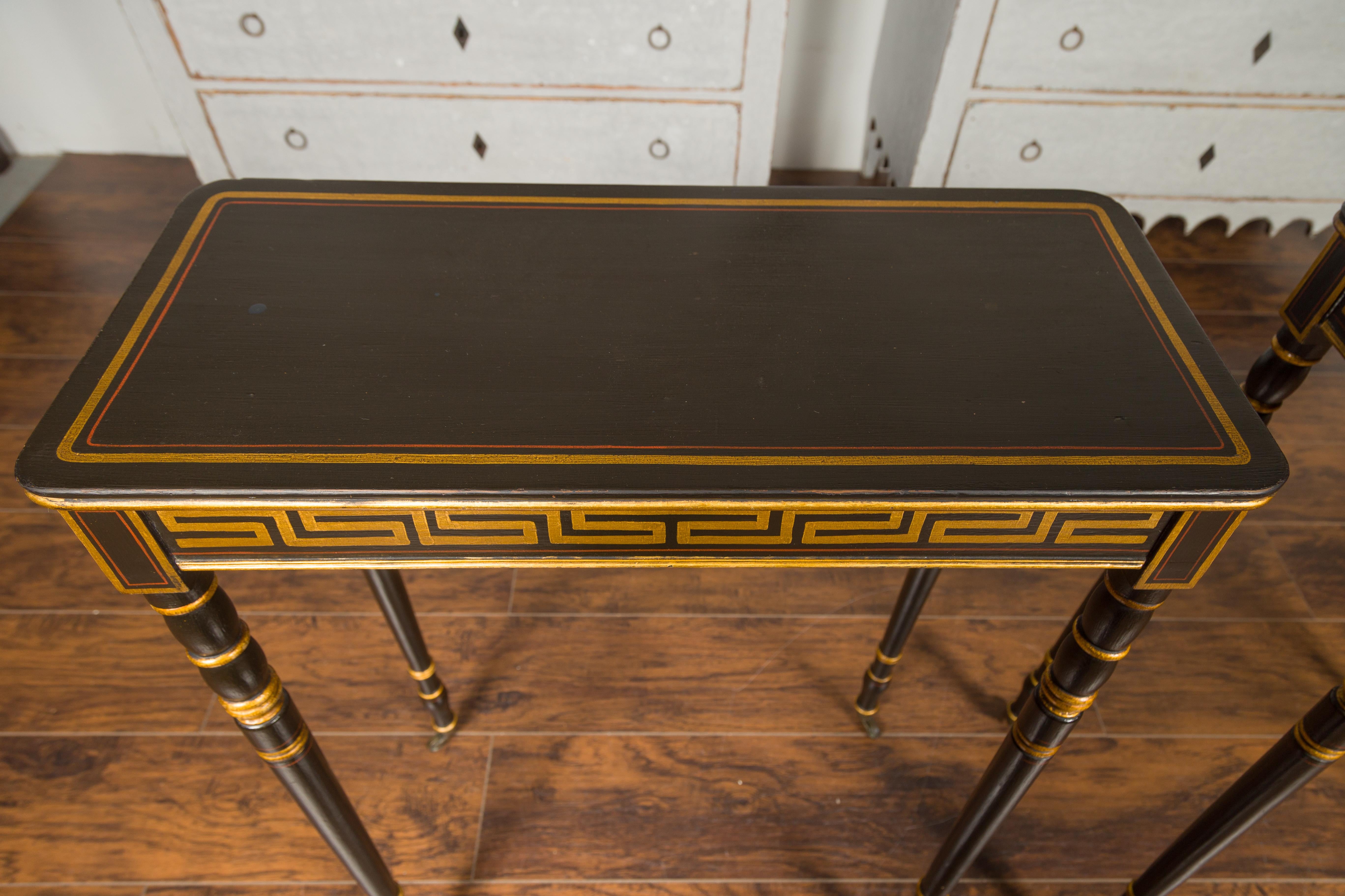 Pair of English Regency Period Ebonized Wood Console Tables with Gilt Greek Key For Sale 6