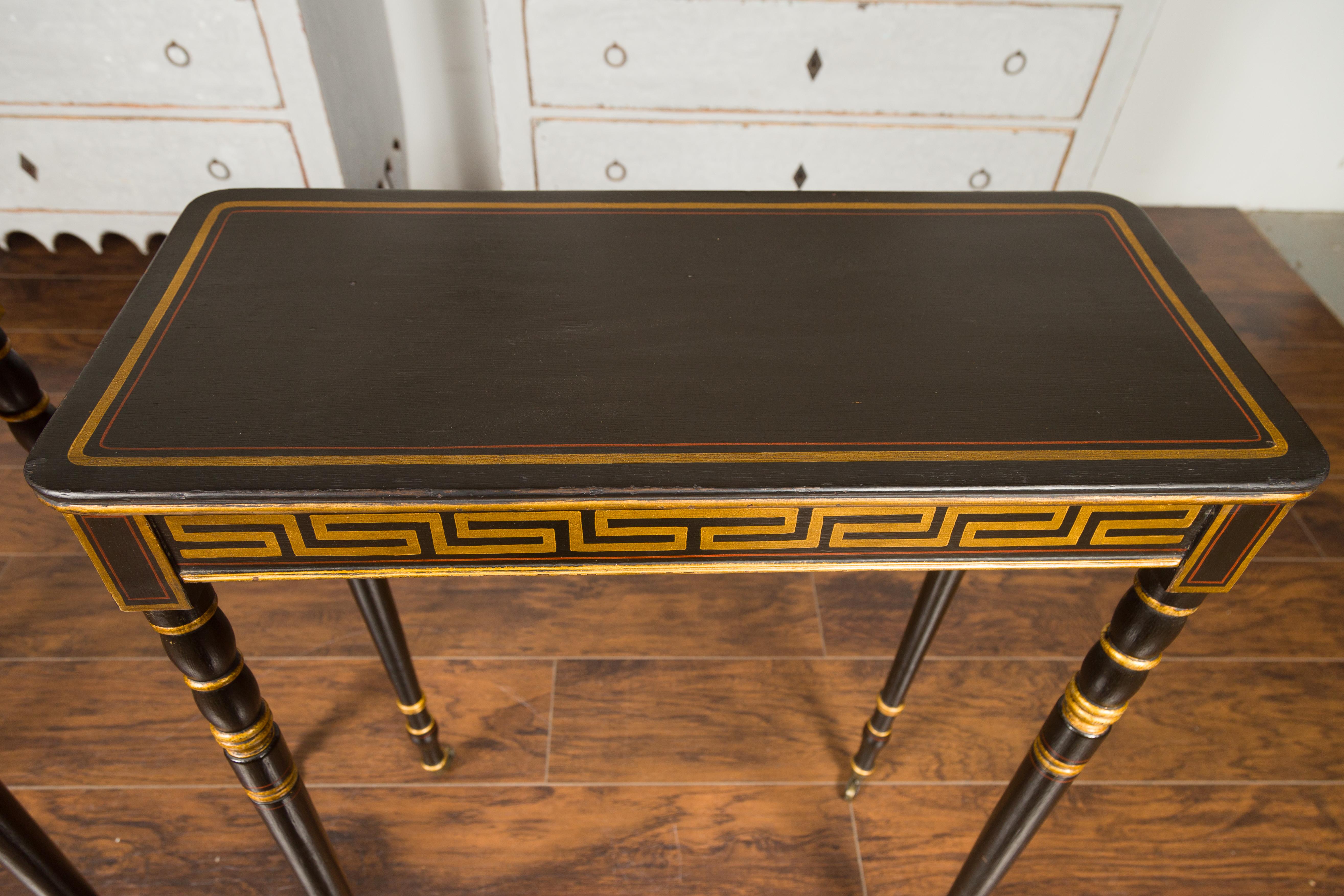 Pair of English Regency Period Ebonized Wood Console Tables with Gilt Greek Key For Sale 8