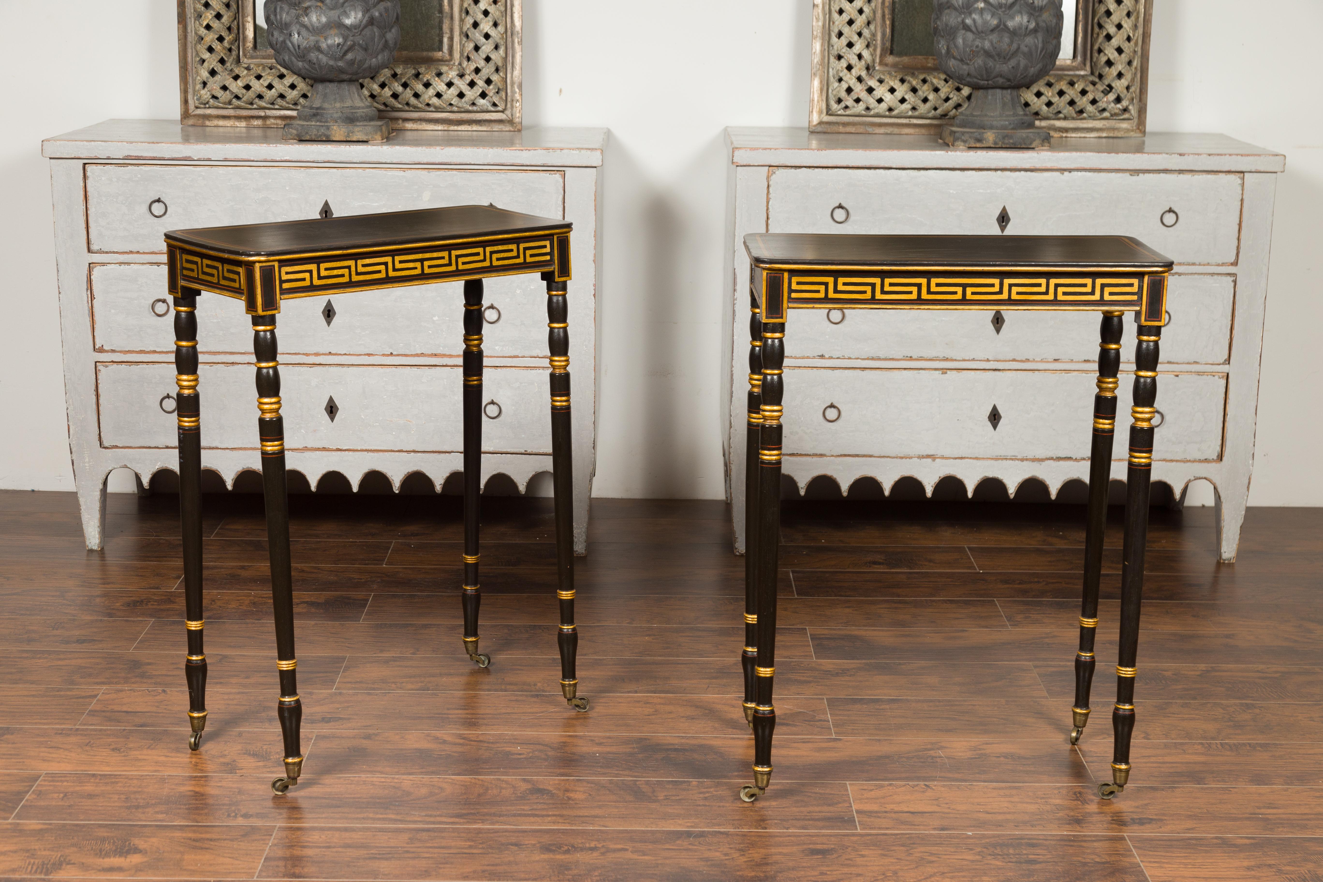 Pair of English Regency Period Ebonized Wood Console Tables with Gilt Greek Key For Sale 9