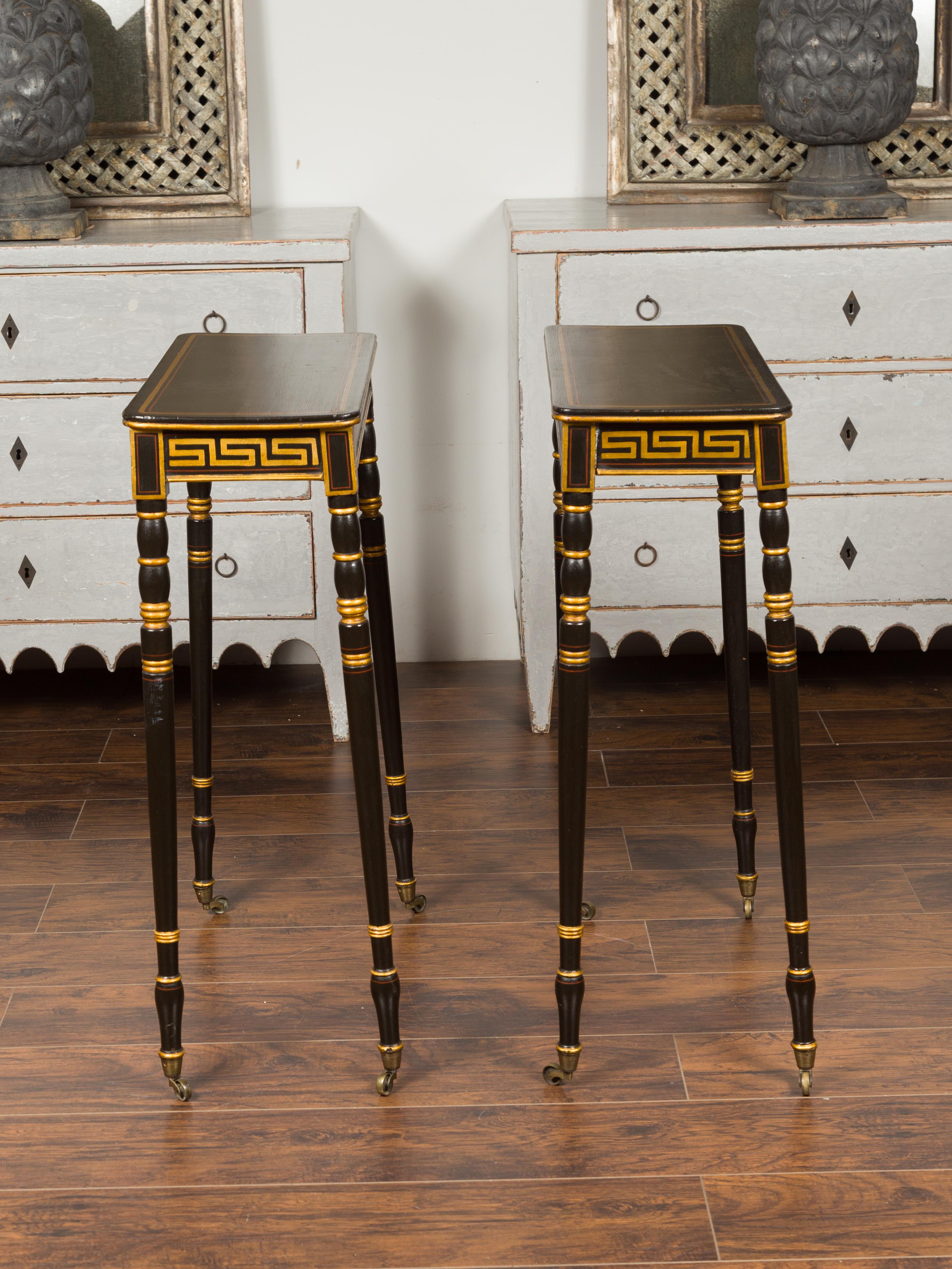 Pair of English Regency Period Ebonized Wood Console Tables with Gilt Greek Key For Sale 10