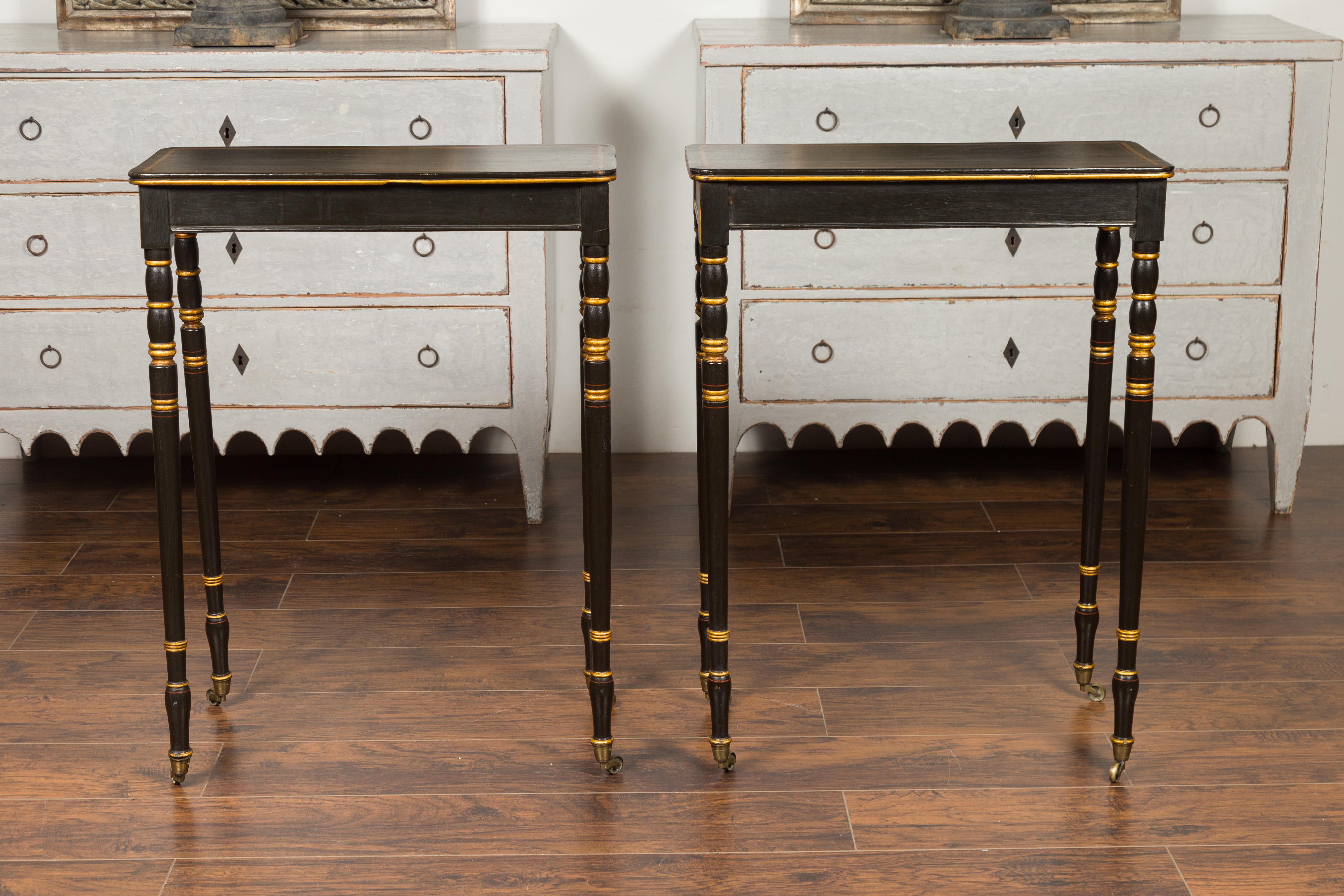 Pair of English Regency Period Ebonized Wood Console Tables with Gilt Greek Key For Sale 11