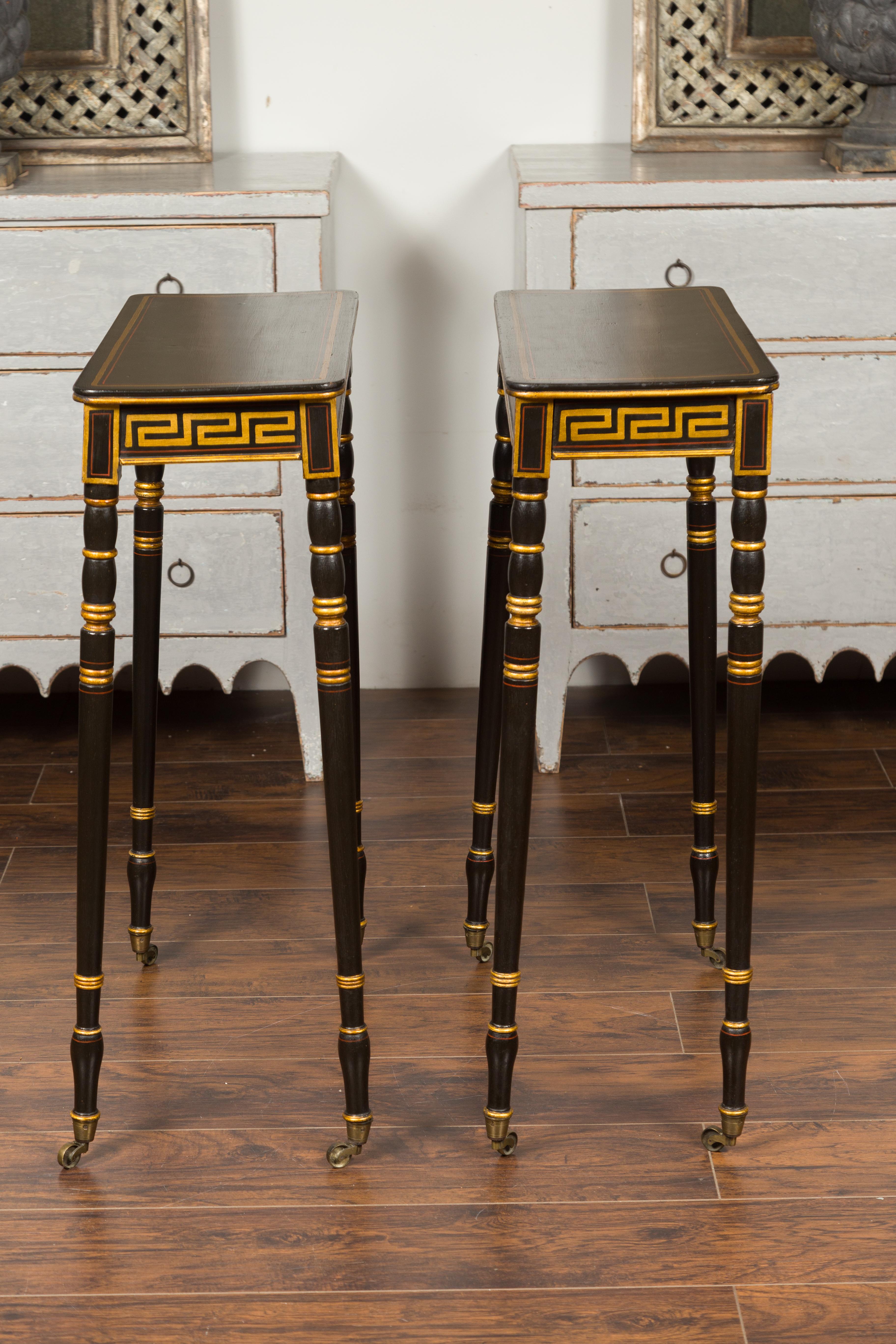 Pair of English Regency Period Ebonized Wood Console Tables with Gilt Greek Key For Sale 12