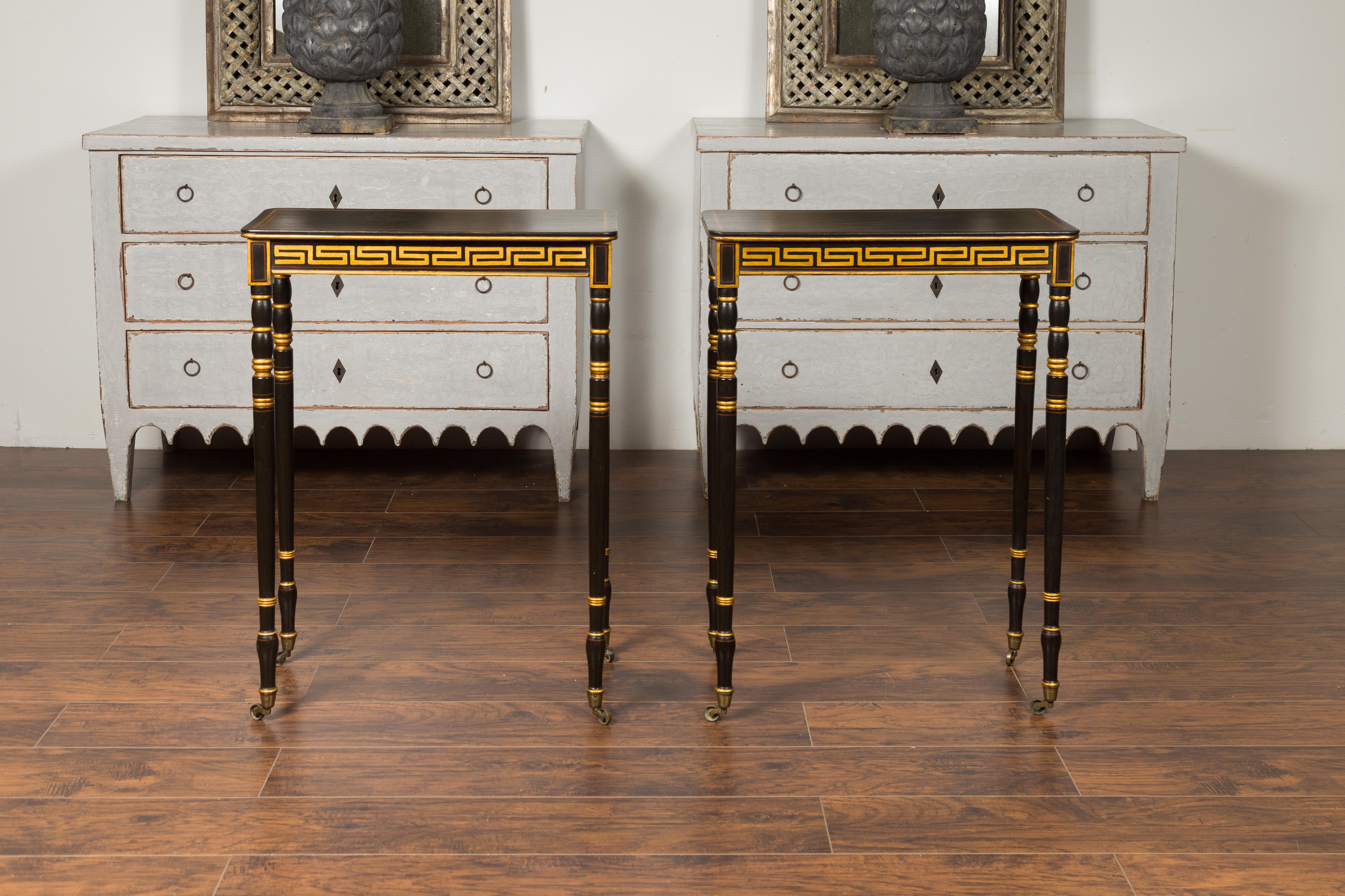 Pair of English Regency Period Ebonized Wood Console Tables with Gilt Greek Key In Good Condition For Sale In Atlanta, GA