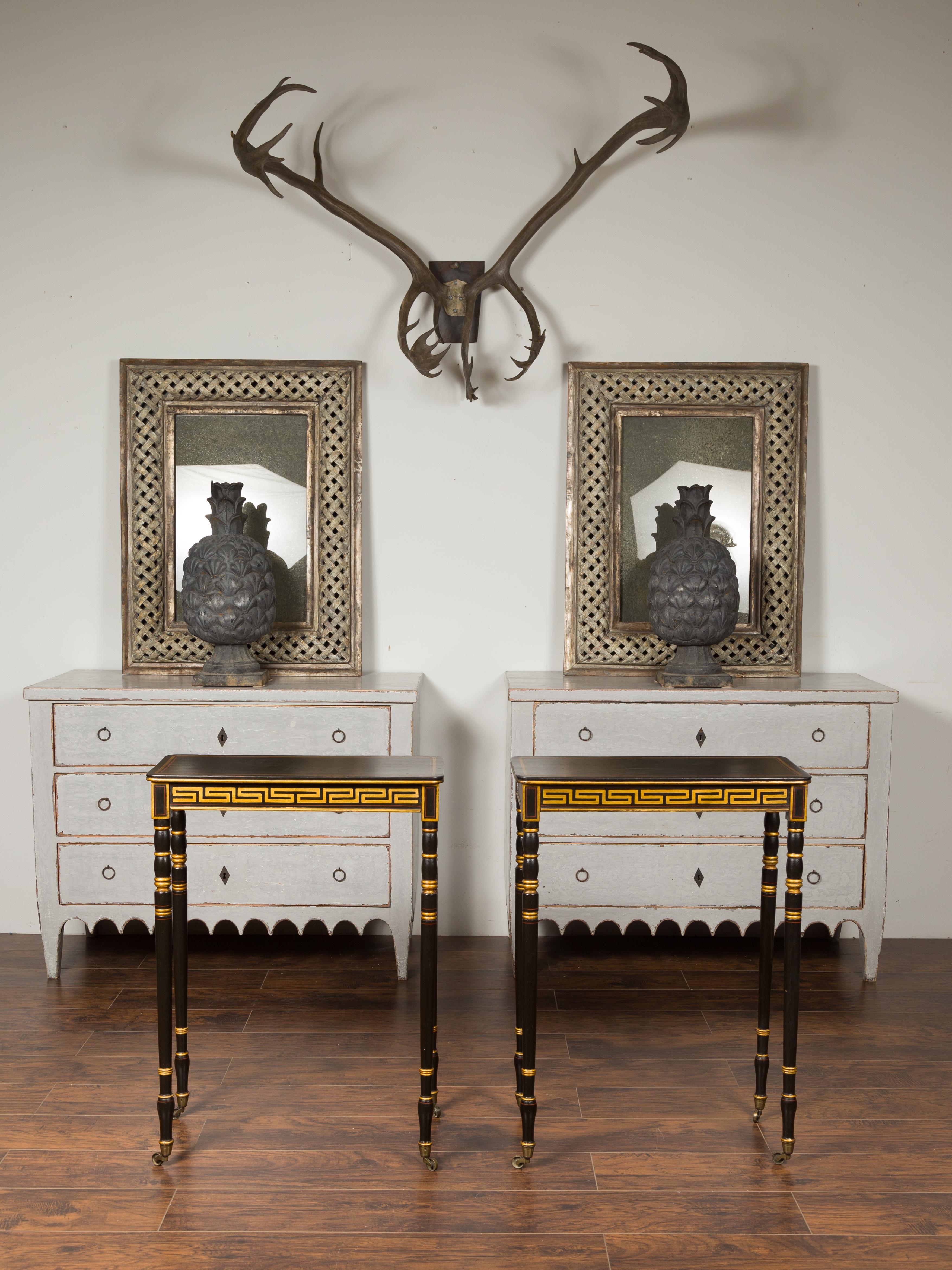 19th Century Pair of English Regency Period Ebonized Wood Console Tables with Gilt Greek Key For Sale