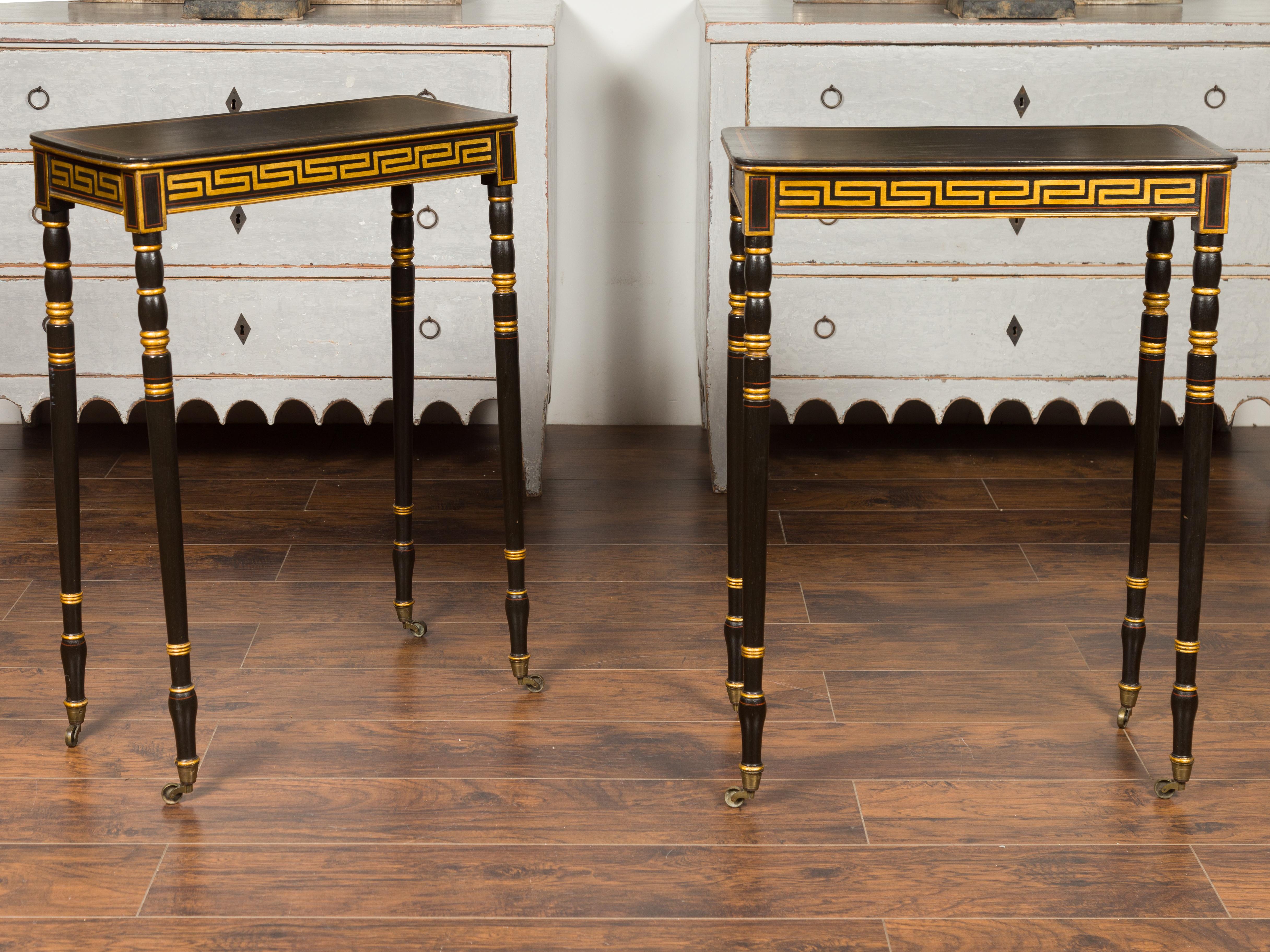 Pair of English Regency Period Ebonized Wood Console Tables with Gilt Greek Key For Sale 1