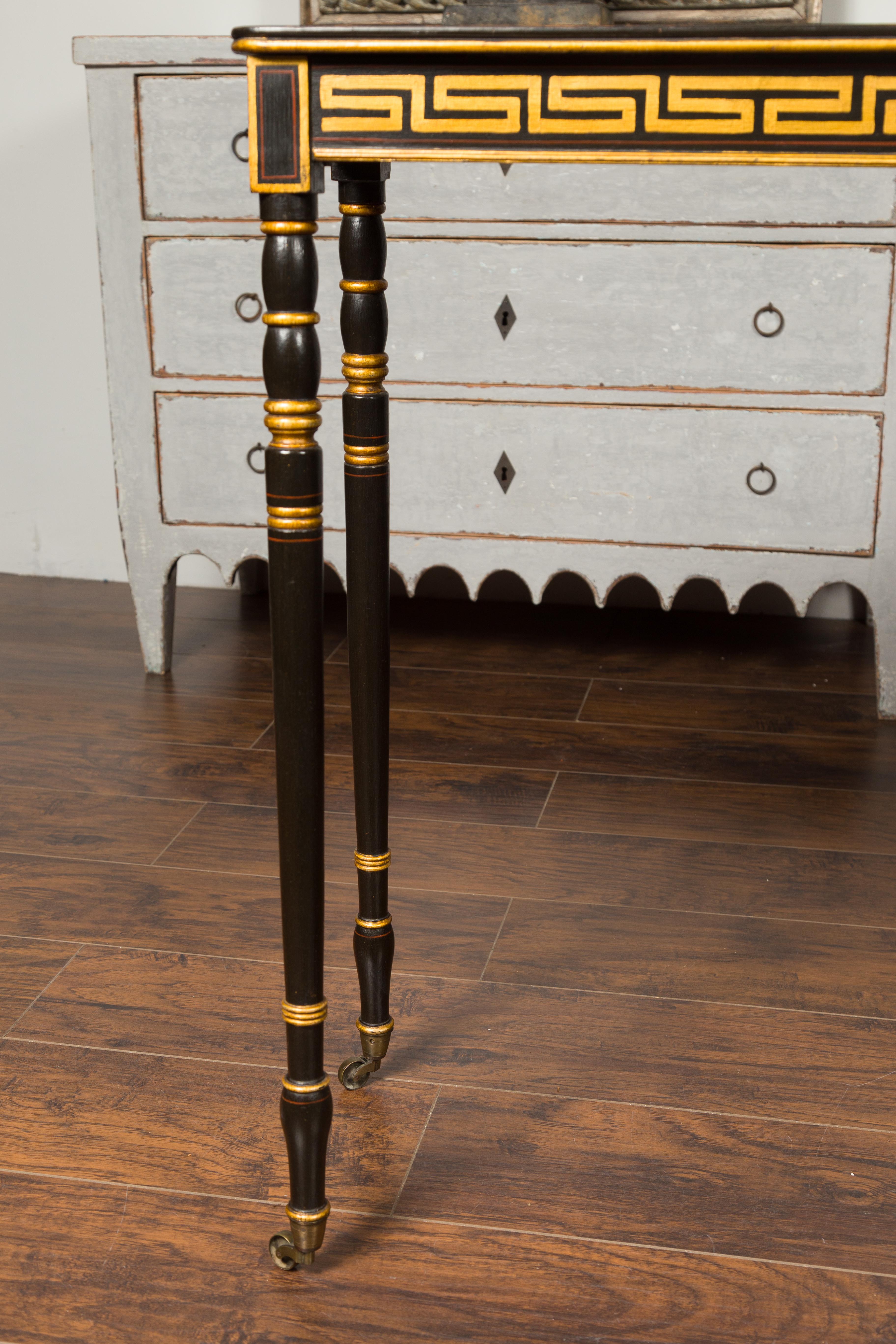 Pair of English Regency Period Ebonized Wood Console Tables with Gilt Greek Key For Sale 3