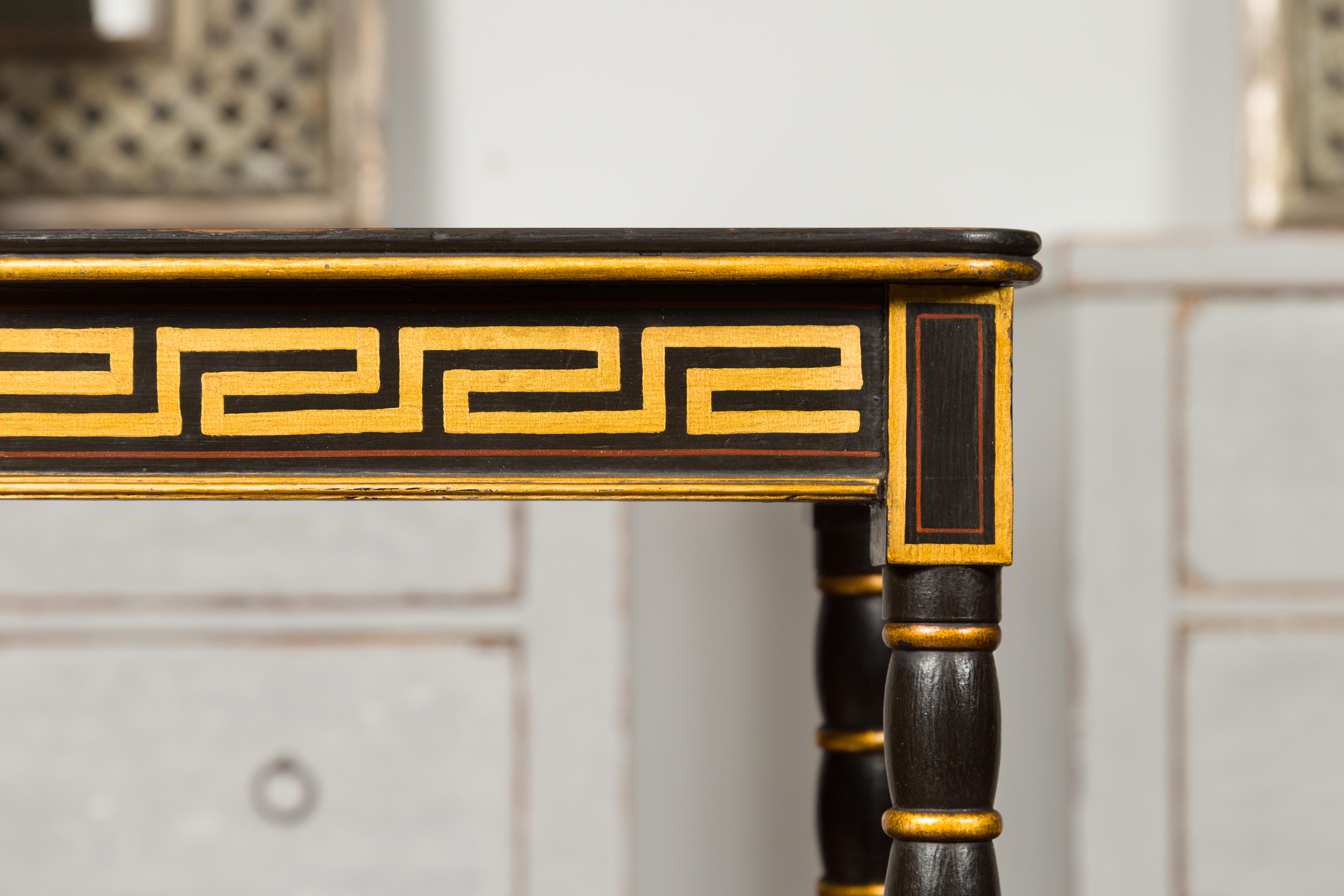 Pair of English Regency Period Ebonized Wood Console Tables with Gilt Greek Key For Sale 5