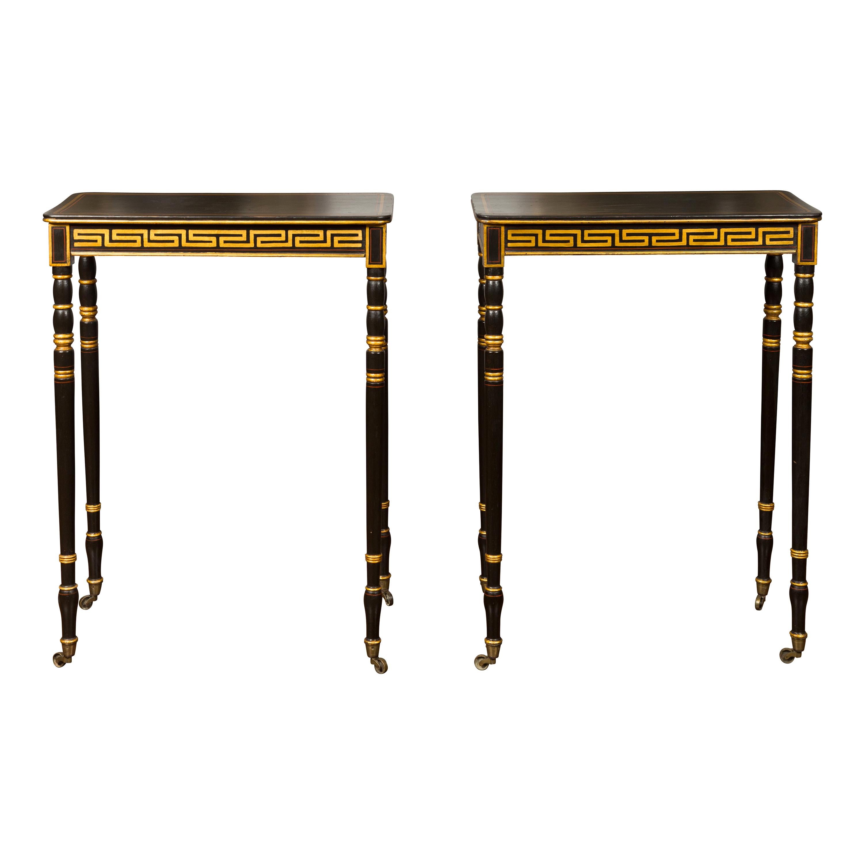 Pair of English Regency Period Ebonized Wood Console Tables with Gilt Greek Key For Sale