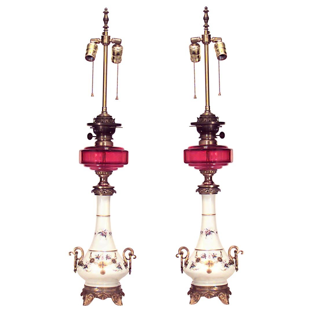 Pair of English Regency Porcelain and Glass Table Lamps