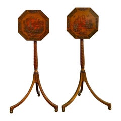 Pair of English Regency Red Lacquer Chinoiserie Candle Stands
